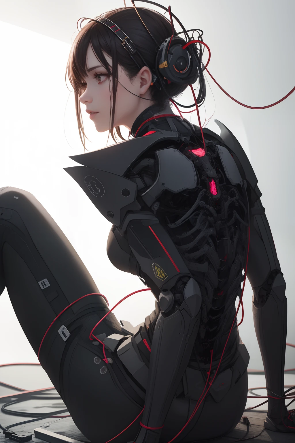 (masterpiece, top quality, best quality, official art, beautiful and aesthetic:1.2), (1girl:1.3), extreme detailed,colorful,highest detailed ((ultra-detailed)), (highly detailed CG illustration), ((an extremely delicate and beautiful)),(from side),cinematic light,((1mechanical girl)),solo,full body,(machine made joints:1.2),((machanical limbs)),(blood vessels connected to tubes),(mechanical vertebra attaching to back),((mechanical cervial attaching to neck)),(sitting),expressionless,(wires and cables attaching to neck:1.2),(wires and cables on head:1.2)(character focus),science fiction,white background,(blood:1.5)