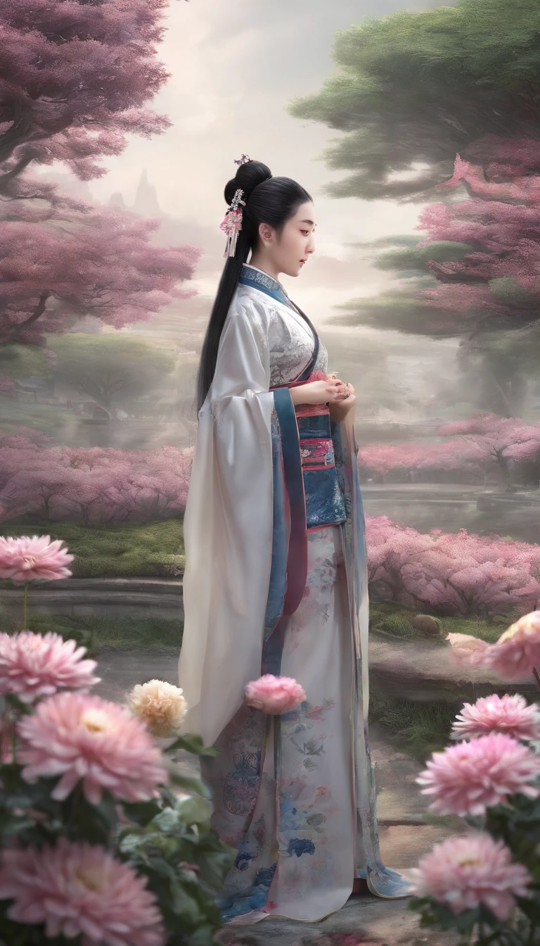 China-style，Chinese ink style，water ink，ink，Smudge，chrysanthemums，Hanfu beauty standing among chrysanthemums，中景 the scene is，Full body like， highly detailed surreal vfx，China ink painting，oc rendered， - AR 16:9 --q 2 --s 1000