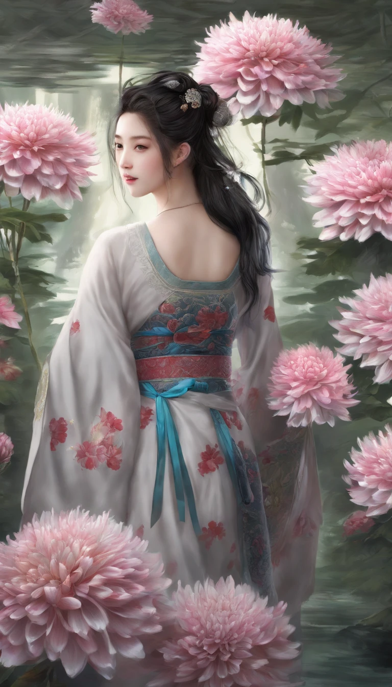 China-style，Chinese ink style，water ink，ink，Smudge，chrysanthemums，Hanfu beauty standing among chrysanthemums，中景 the scene is，Full body like， highly detailed surreal vfx，China ink painting，oc rendered， - AR 16:9 --q 2 --s 1000