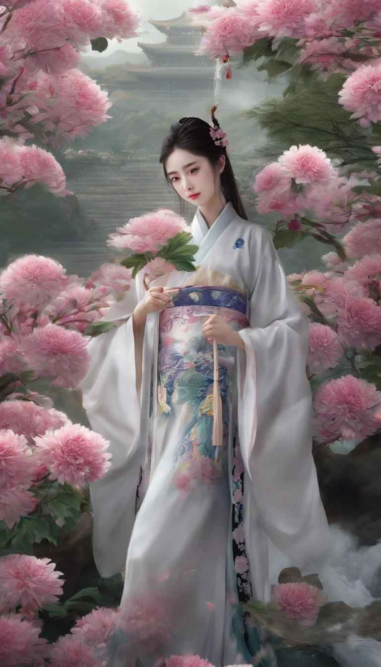 China-style,Chinese ink style,water ink,ink,Smudge,chrysanthemums,Hanfu beauty standing among chrysanthemums,中景 the scene is,Full body like, highly detailed surreal vfx,China ink painting,oc rendered, - AR 16:9 --q 2 --s 1000