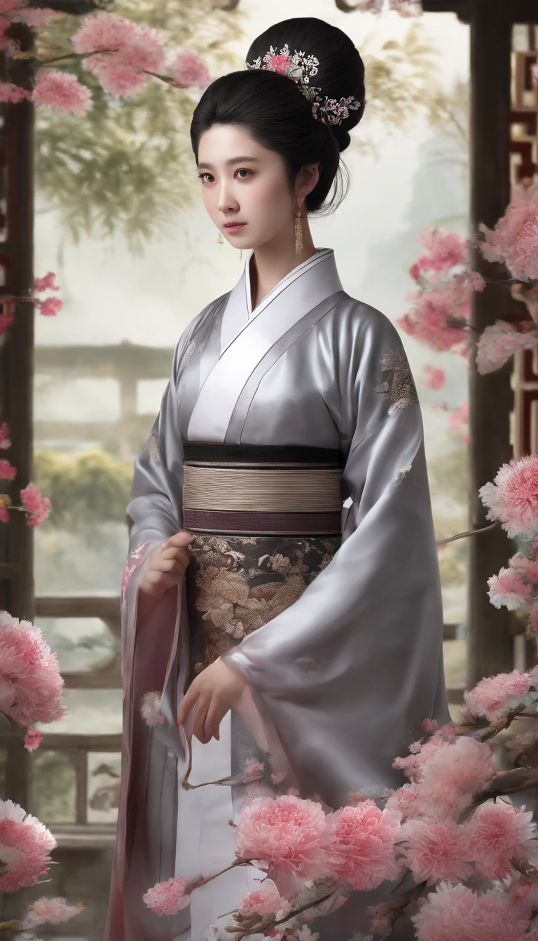 China-style，Chinese ink style，water ink，ink，Smudge，chrysanthemums，Hanfu beauty standing among chrysanthemums，中景 the scene is，Full body like， highly detailed surreal vfx，China ink painting，oc rendered， - AR 16:9 --q 2 --s 1000