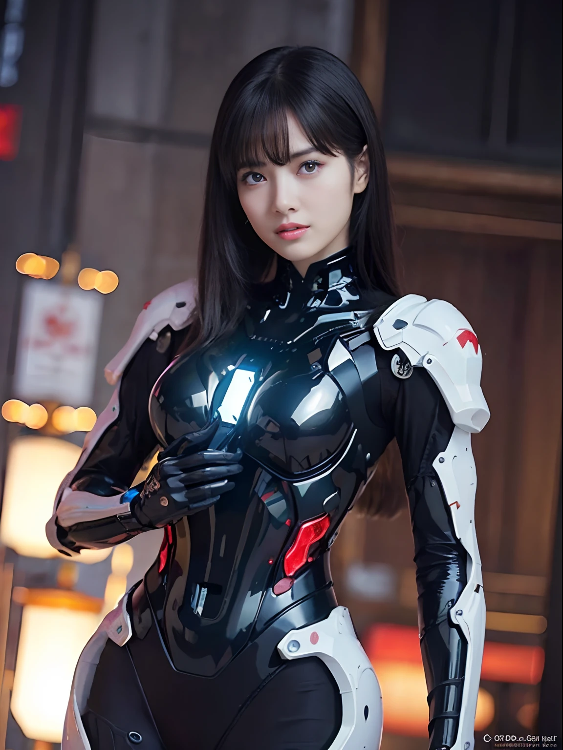 （Fight against mechanical robot soldiers）、top-quality、​masterpiece、超A high resolution、(Prostitute Sexy Pose),（Wearing a futuristic sun visor）、(Photorealsitic:1.4)、Raw photo、女の子1人、Black hair、glowy skin、((1 Mechanical Girl))、((super realistic details))、portlate、（Small LED lamp）、Wire tubes that glow all over the body、globalillumination、Shadow、octan render、8K、Armpit、ultrasharp、Colossal tits、Small LED lamp、Raw skin is exposed in cleavage、metals、blood vessels connected to tubes、Red bodysuit、Armpit、Cyberpunk city background、Details of complex ornaments、Japan details、highly intricate detail、Realistic light、CGSoation Trends、Blue eyes、radiant eyes、Facing the camera、neon details、（Helmet of the Brave）、Mechanical limbs、blood vessels connected to tubes、Mechanical vertebrae attached to the back、mechanical cervical attaching to neck、Wires and cables connecting to the head、Gundam、Small LED lamp、Toostock、Toostock、