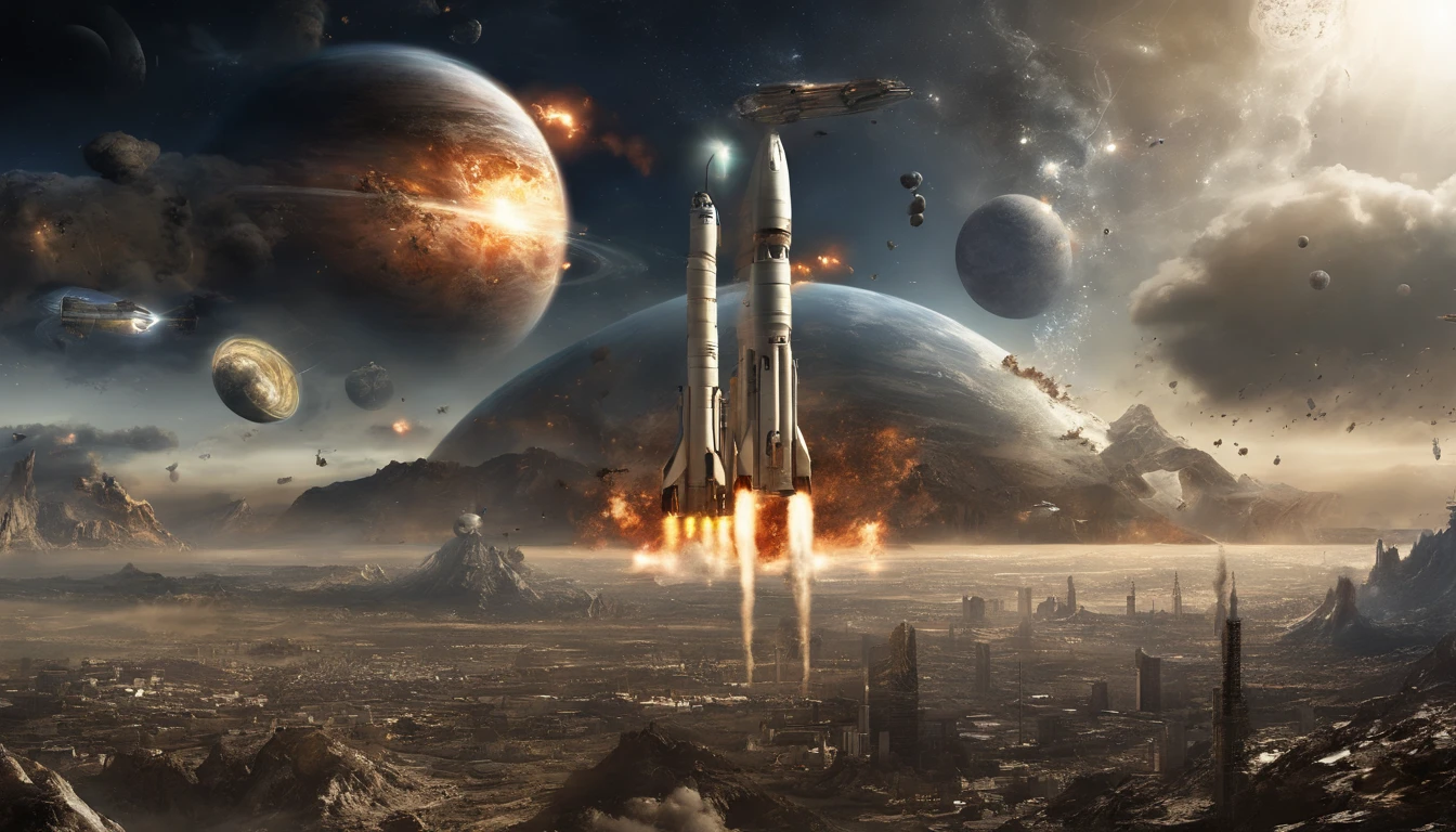 arafed view of a planet with a lot of rockets flying around it, concept art by Robert Peak, flickr, space art, missiles explosions in the sky, nuclear explosion from space, missile explosions, space atmosphere, meteors falling, shot from space, cosmic atmosphere light flares, meteors are falling from the sky, looming over earth in space, looming over earth
