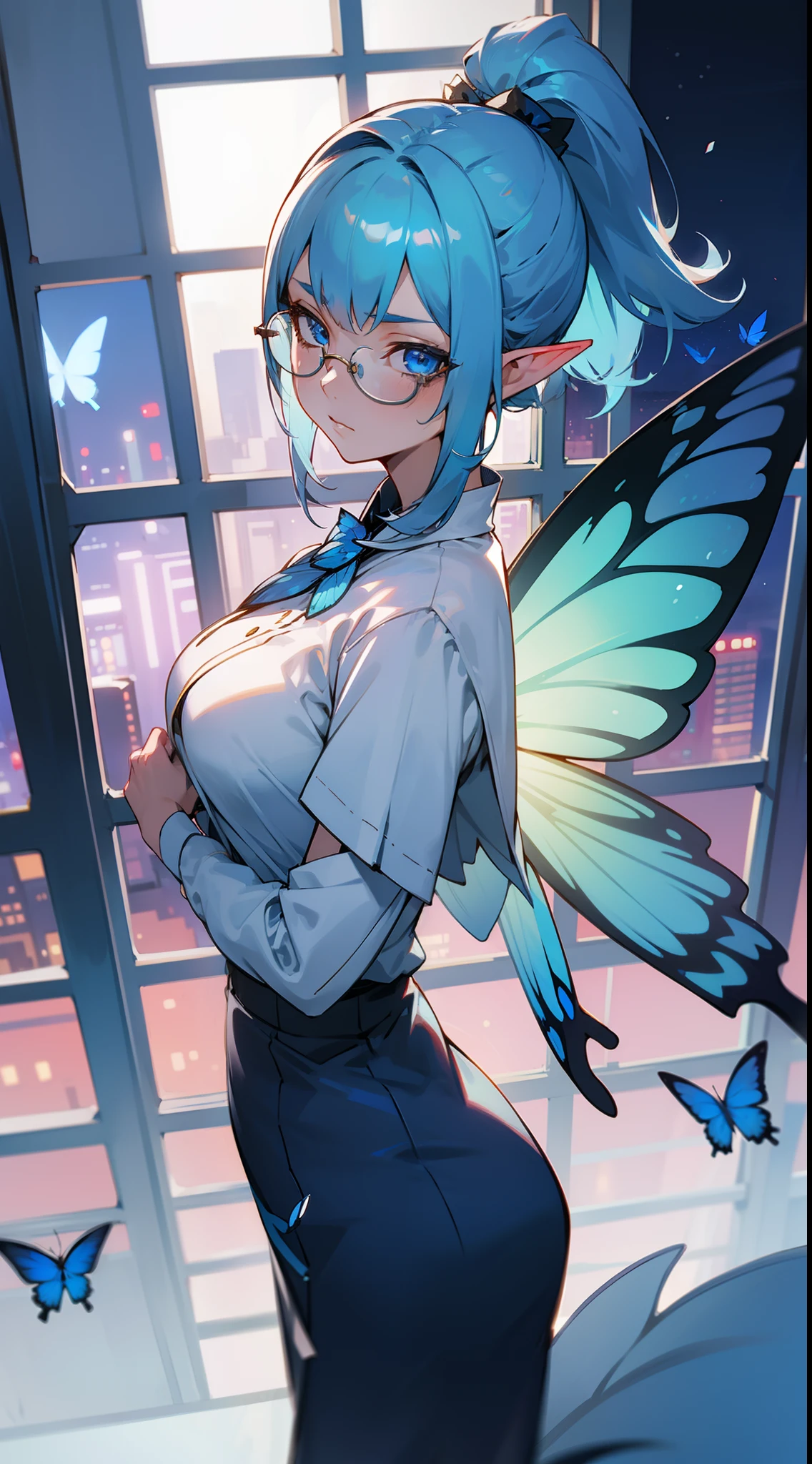 1woman,solo,40s,serious face,teacher outfit,white outfit,medium tits, light blue hair,bangs,ponytail hair,blue eyes, mature female,elves ears,glasses,standing in the window,night city,blue butterfly wing luminous