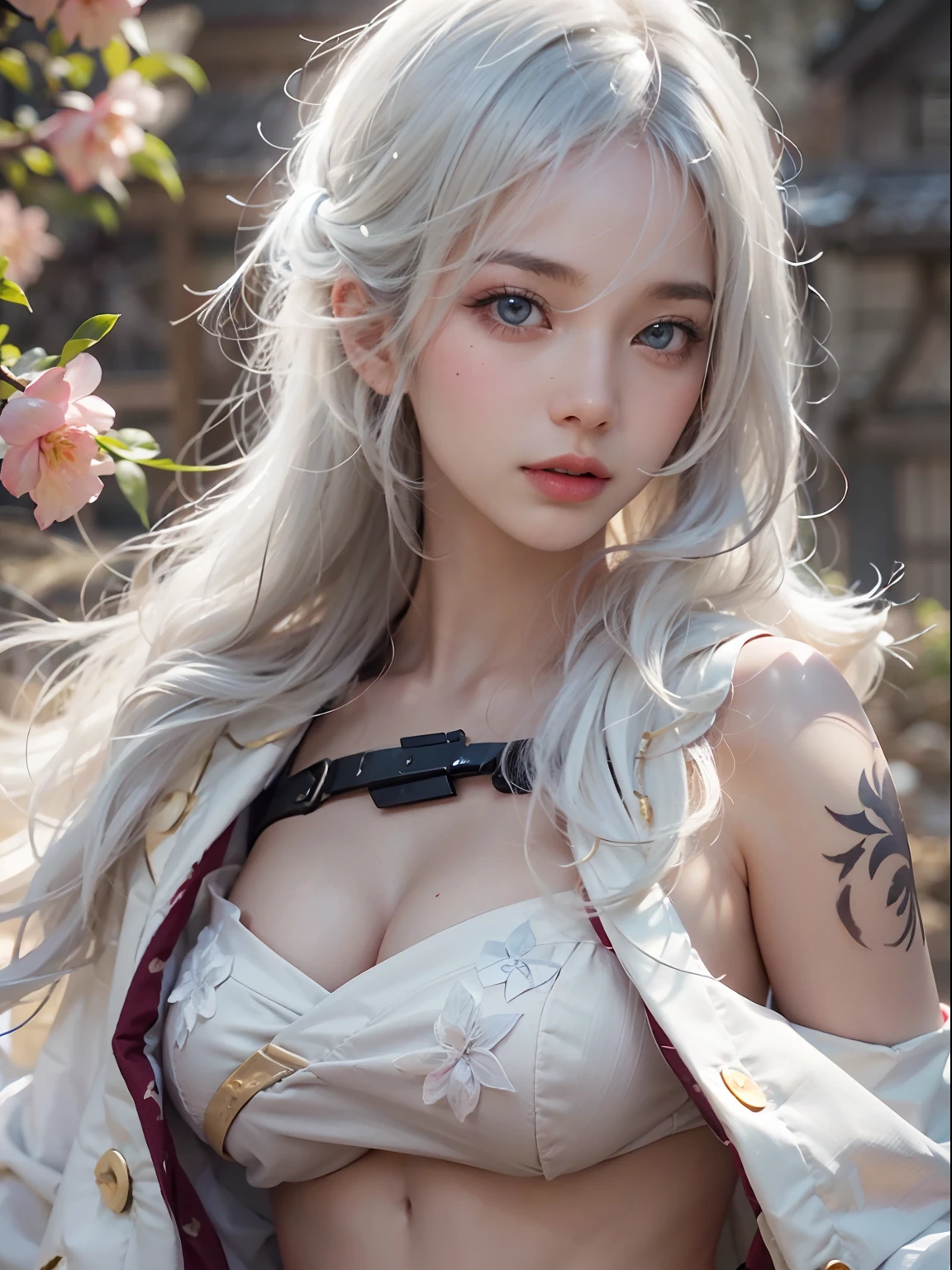 nsfw, 1girl, nude, (masterpiece: 1.4), (8K, realistic, raw photo, best quality: 1.4), skirtlift, strip naked, ninja, nipple areola shape clear, beautiful breasts, Japanese girl, beautiful cute face, (real face: 1.4), perfect pussy, beautiful hairstyle, realistic blue eyes, beautiful detail eyes, (real skin: 1.3), beautiful skin, attractive, ultra high resolution, ultra realistic, cinematic lighting, white colored hair, short hair, ancient Japan, ninja uniform, katana sword, after sex, japanese garden