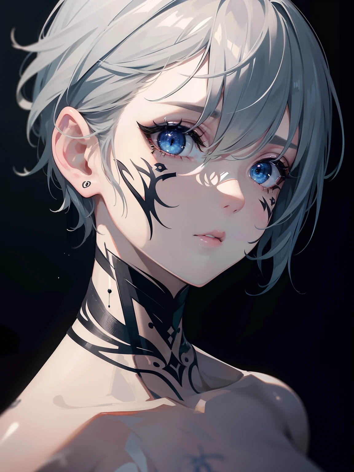 (Masterpiece, Best quality, ultra high resolution),1girl,short hair, beautiful and detailed face, detailed eyes,face tattoos, prison uniform,in a prison,(gray theme)