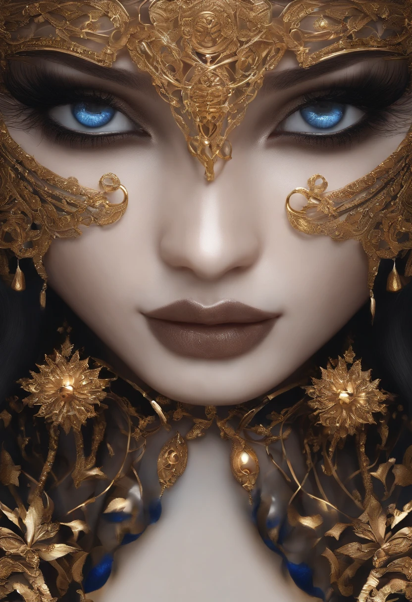 (Most Ultra Realistic), Super realistic , powerful goddes,（best qualtiy，ultra - detailed，Most Best Illustration，Best shadow，tmasterpiece，A high resolution，professionalartwork，famousartwork），Photography composition masterpiece, Detailed eyes，beautidful eyes，closeup cleavage, sci-fy，colored sclera，Robot eyes，strong face markings，Tattooed with，（fractalized，Fractal eyes），（Eye focus），sface focus，Nebula eyes，Space eyes，Close-up of metal sculpture of a woman with a moon in her hair，goddes。extremly high detail，3d goddess portrait，Extremely detailed footage of the goddess，a stunning portrait of a goddess，Side image of the goddess，portrait of a beautiful goddess，Full body close-up portrait of the goddess，hecate goddess，portrait of a norse moon goddess，goddess of space and time, asian skin, skin detail masterpiece, realistic skin, oil shiny masterpiece, seaart 2.1, trending seaart moon goddess, midjurney, particle, warm dark blue, Gold Star Glow, ultra detail texture tmasterpiece, most exellent contrast, gold reflection, ultra detail gold texture, ray of light, sparkle light reflection, natural color, netral color, (neutral color), Sparkle Eyes, Glow Eyes
