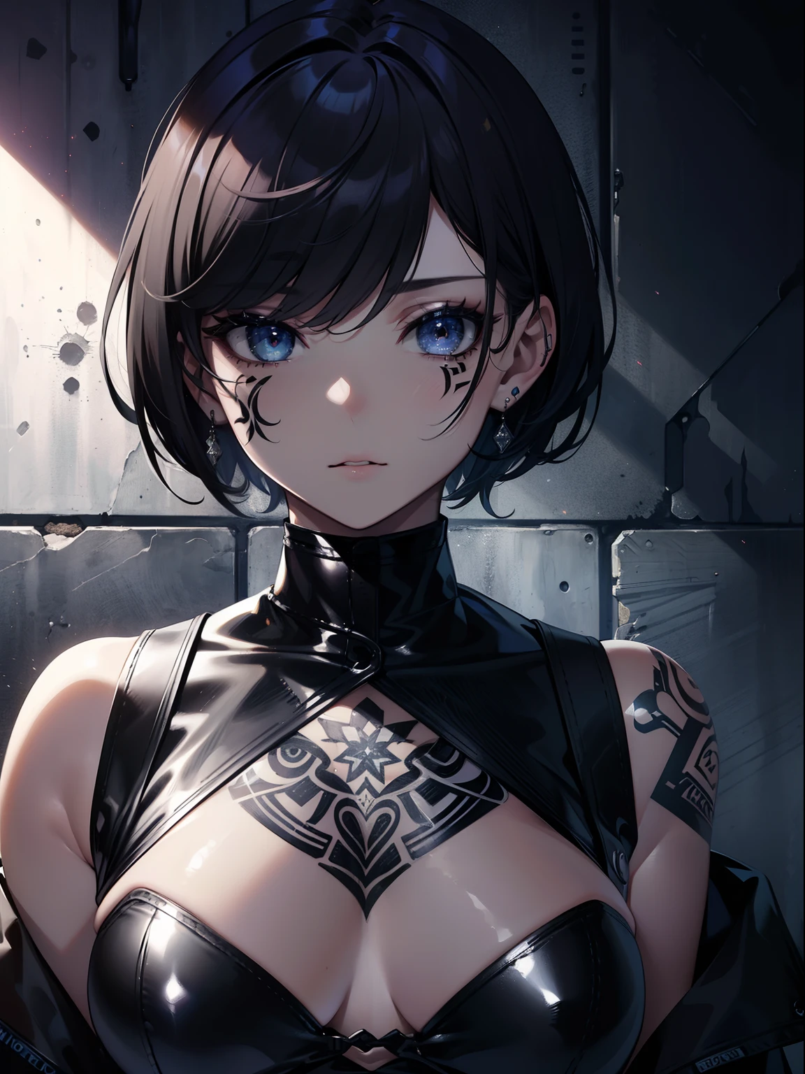 (Masterpiece, Best quality, ultra high resolution),1girl,short hair, beautiful and detailed face, detailed eyes,face tattoos, prison uniform,in a prison,(gray theme)