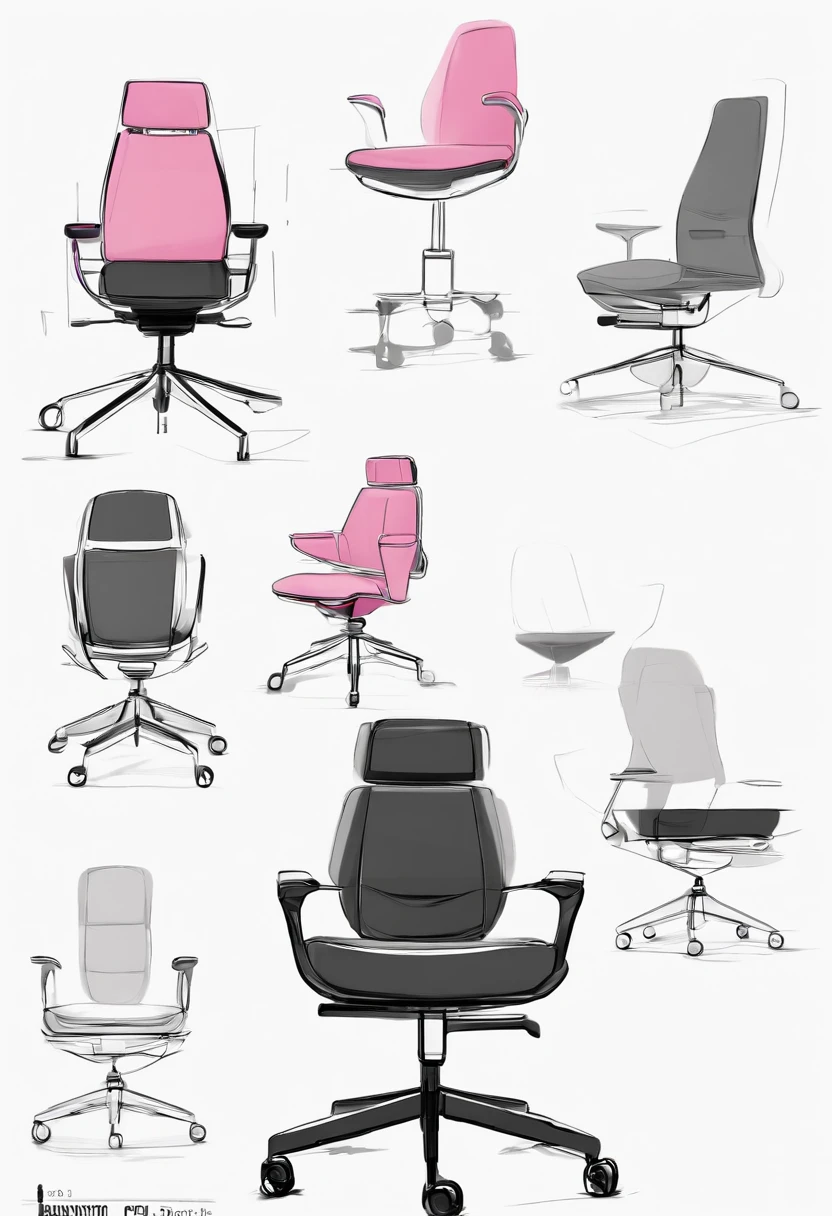 Drawing of pink office chair with black base, high quality of sketching, furniture design, a chair, prop design, sketch illustratio, professional sketch, chair, industrial design concept, high quality sketch, Commercial illustration, futuristic product design, office furniture, Product design, product design concept, concept art h 8 0 0, design concept art, Classic product design, Ergonomic