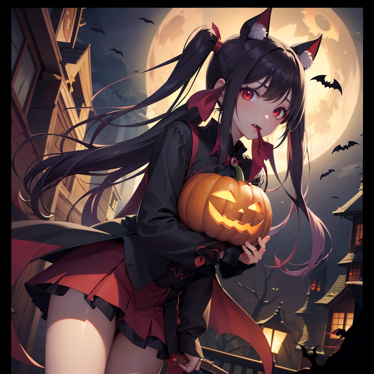 Halloween , Vampire、a cool、a miniskirt, long hair with pink twin tails,,,, Looking at the viewer, Front view,Halloween Vampire Costumes、tusk、Red Eyes、Blood from the mouth、the bats、Vampire House、Pumpkin Obake、Obake