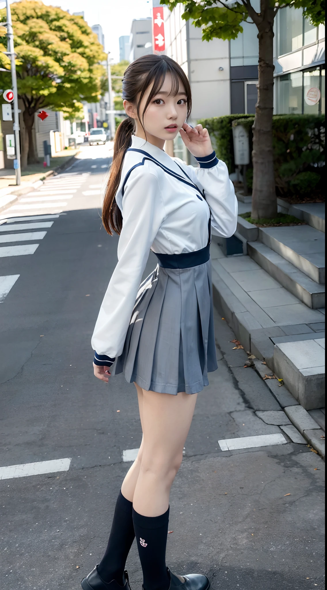 mix4, (16 K, Raw photography, Top image quality, masterpiece: 1.45), (realisitic, Photorealsitic: 1.37), one girls, 7.5, etc、Standing figure,Hairstyle is ponytail、Noon time slot、cute little, A city scape,, profetional lighting, photon maping, Cityscape with street trees, physically-based renderingt, Gradient dark brown hair,, a handsome, Well-groomed and beautiful eyes、Large double eyelids、Very shiny、girl with, (((student clothes、Long sleeve sailor suit worn by Japan schoolgirl、red cuffs、Dark blue mini skirt, Small gray beret、Dark blue knee-high socks、Black loafers))), Top Quality Photos, hight resolution, 1080p, (clearface), (Detailed face description), (Detailed hand description), (masterpiece), (Exquisite CG)、extreme light and shadows、dishevled hair、master work、abundant detail、(Fine facial features)、(top quality photo)、(masuter piece)、(A detailed eye)、Look in front of you、Fine clavicle、((Slender big))、(((Japan schoolgirl in long-sleeved sailor suit)))、((Ready Idol System))、((Boulevard with street trees、Roads at the scramble intersection))、(Shooting from random perspectives)、(((Anyway cute)))、耳Nipple Ring、A big smile、Drawing the whole body from the knees、Do not draw nasolabial folds、(((Long-sleeved sailor suit)))、(Big breasts that hang down big:1.1)、Big buttocks with tension、Two arms and two legs、(((from the front side:0.5)))、bare hand、No mask、