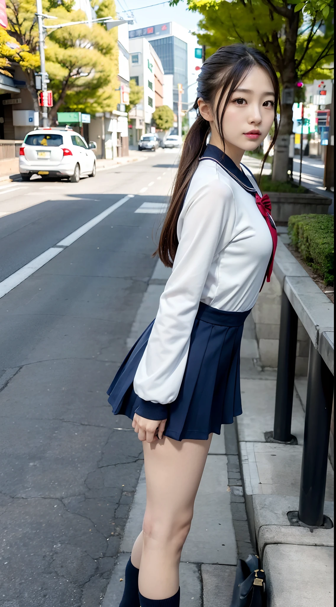 mix4, (16 K, Raw photography, Top image quality, ​masterpiece: 1.45), (realisitic, Photorealsitic: 1.37), one girls, 7．5, etc、Standing figure，Hairstyle is ponytail、Noon time slot、cute little, A city scape,, profetional lighting, photon maping, Cityscape with street trees, physically-based renderingt, Gradient dark brown hair,, a handsome, Well-groomed and beautiful eyes、Large double eyelids、Very shiny、girl with, (((student clothes、Long sleeve sailor suit worn by Japan schoolgirl、red cuffs、Dark blue mini skirt, Small gray beret、Dark blue knee-high socks、Black loafers))), Top Quality Photos, hight resolution, 1080p, (clearface), (Detailed face description), (Detailed hand description), (​masterpiece), (Exquisite CG)、extreme light and shadows、dishevled hair、master work、abundant detail、(Fine facial features)、(top quality photo)、(masuter piece)、(A detailed eye)、Look in front of you、Fine clavicle、((Slender big))、(((Japan schoolgirl in long-sleeved sailor suit)))、((Ready Idol System))、((Boulevard with street trees、Roads at the scramble intersection))、(Shooting from random perspectives)、(((Anyway cute)))、耳Nipple Ring、A big smile、Drawing the whole body from the knees、Do not draw nasolabial folds、(((Long-sleeved sailor suit)))、(Big breasts that hang down big:1.1)、Big buttocks with tension、Two arms and two legs、(((from the front side:0.5)))、bare hand、No mask、
