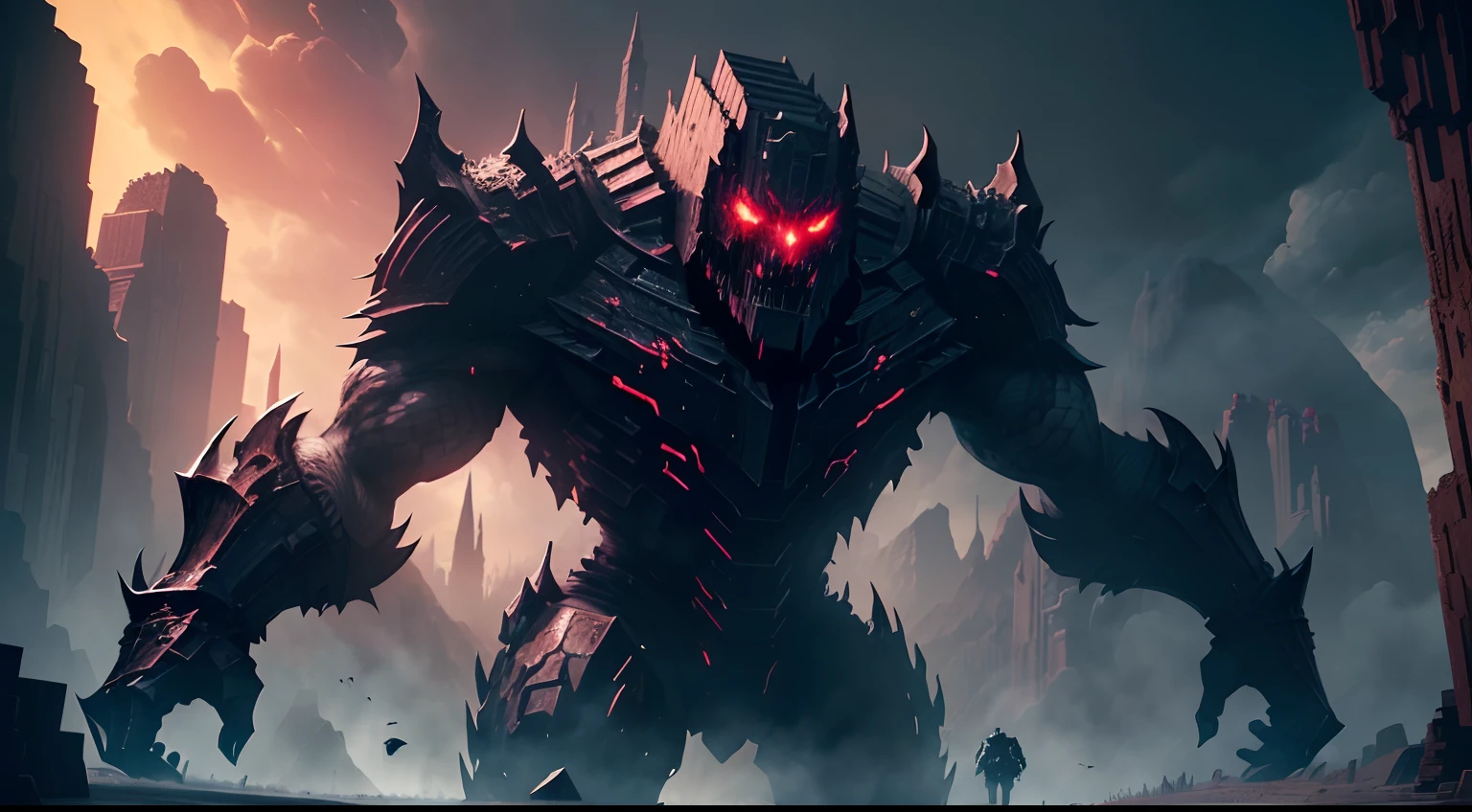 (a giant boss in a dark Minecraft world),(high quality,ultra-detailed,realistic),(concept art,horror,sharp focus),(intense lighting,ominous colors),(detailed armor,glowing eyes),(dramatic pose,destructive power),(spooky atmosphere,blocky terrain)