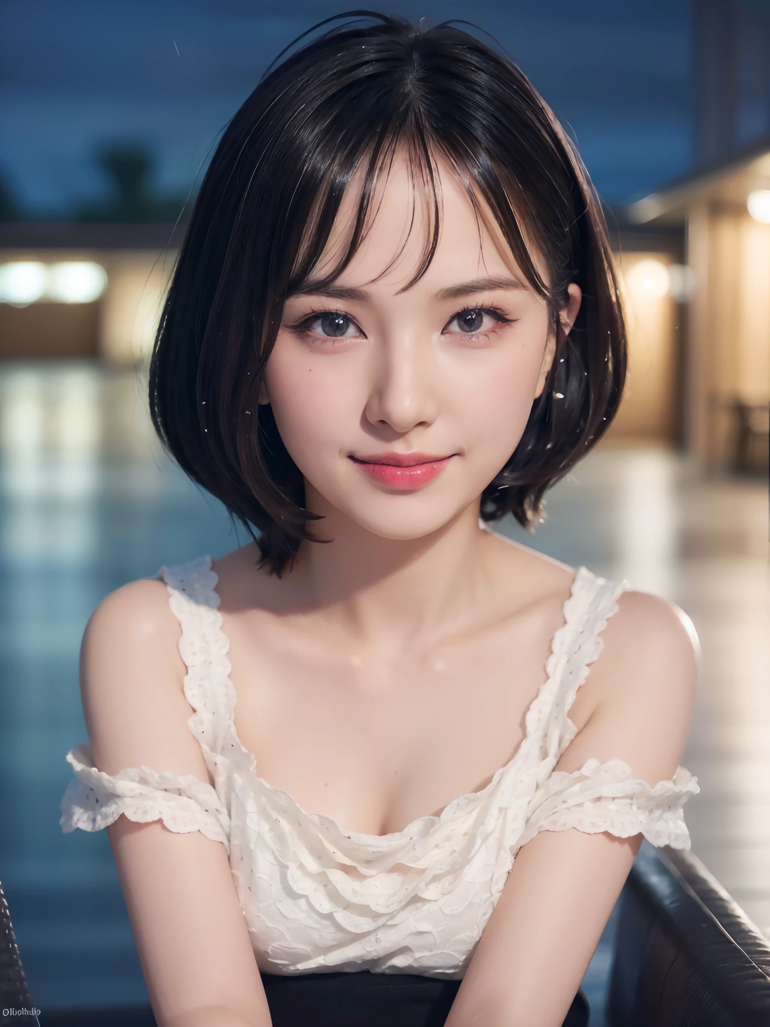 (8k, best quality, masterpiece:1.2), (realistic, photo-realistic:1.37), ultra-detailed, 1 girl, cute, solo, beautiful detailed sky, detailed cafe, night, sitting, dating, (nose blush), (smile:1.15), (closed mouth) medium breasts, beautiful detailed eyes, topless, night, wet, rain, white lace, (short hair:1.2), floating hair NovaFrogStyle,