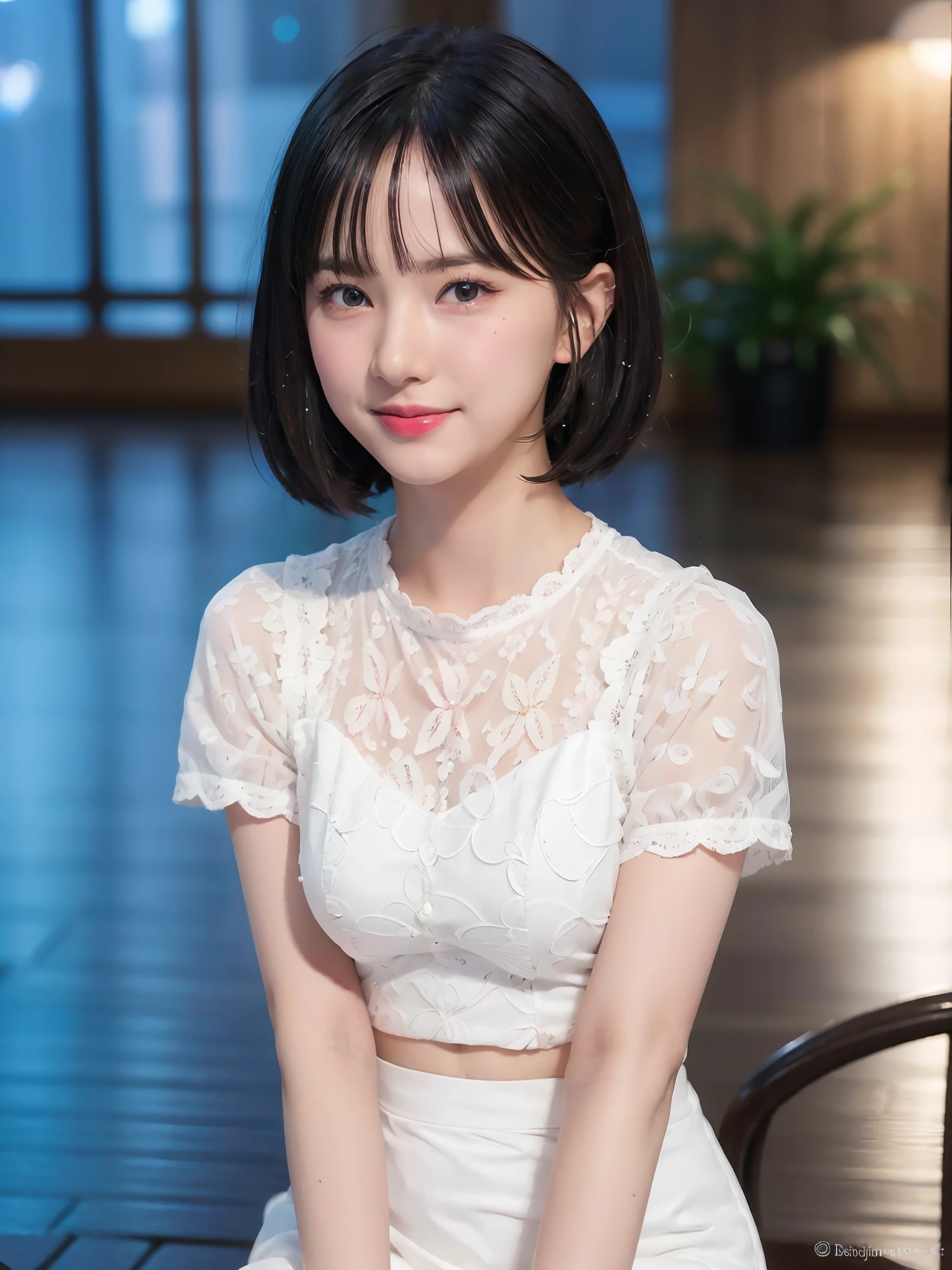 (8k, best quality, masterpiece:1.2), (realistic, photo-realistic:1.37), ultra-detailed, 1 girl, cute, solo, beautiful detailed sky, detailed cafe, night, sitting, dating, (nose blush), (smile:1.15), (closed mouth) medium breasts, beautiful detailed eyes, topless, night, wet, rain, white lace, (short hair:1.2), floating hair NovaFrogStyle,