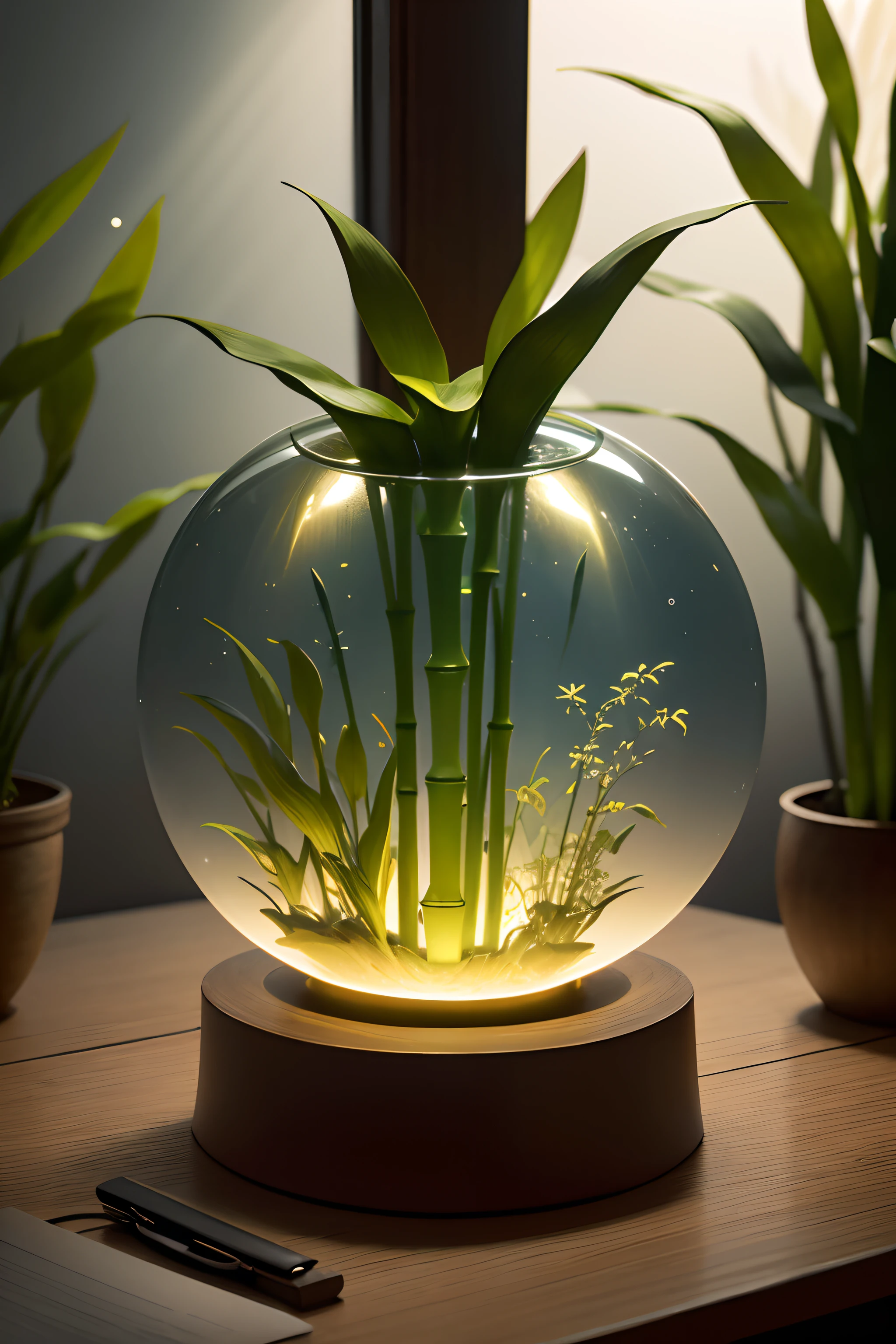 back lighting, a vase with four distinct individual Chinese water bamboo sticks with bamboo leaves in a green transparent crystal ball , in the style of conceptual light sculptures, light beige and gold, high details, luxury, kodak plus-x, miniaturecore, intricate underwater worlds, lightbox, meticulous design, rich and immersive, Hasblad camera shots