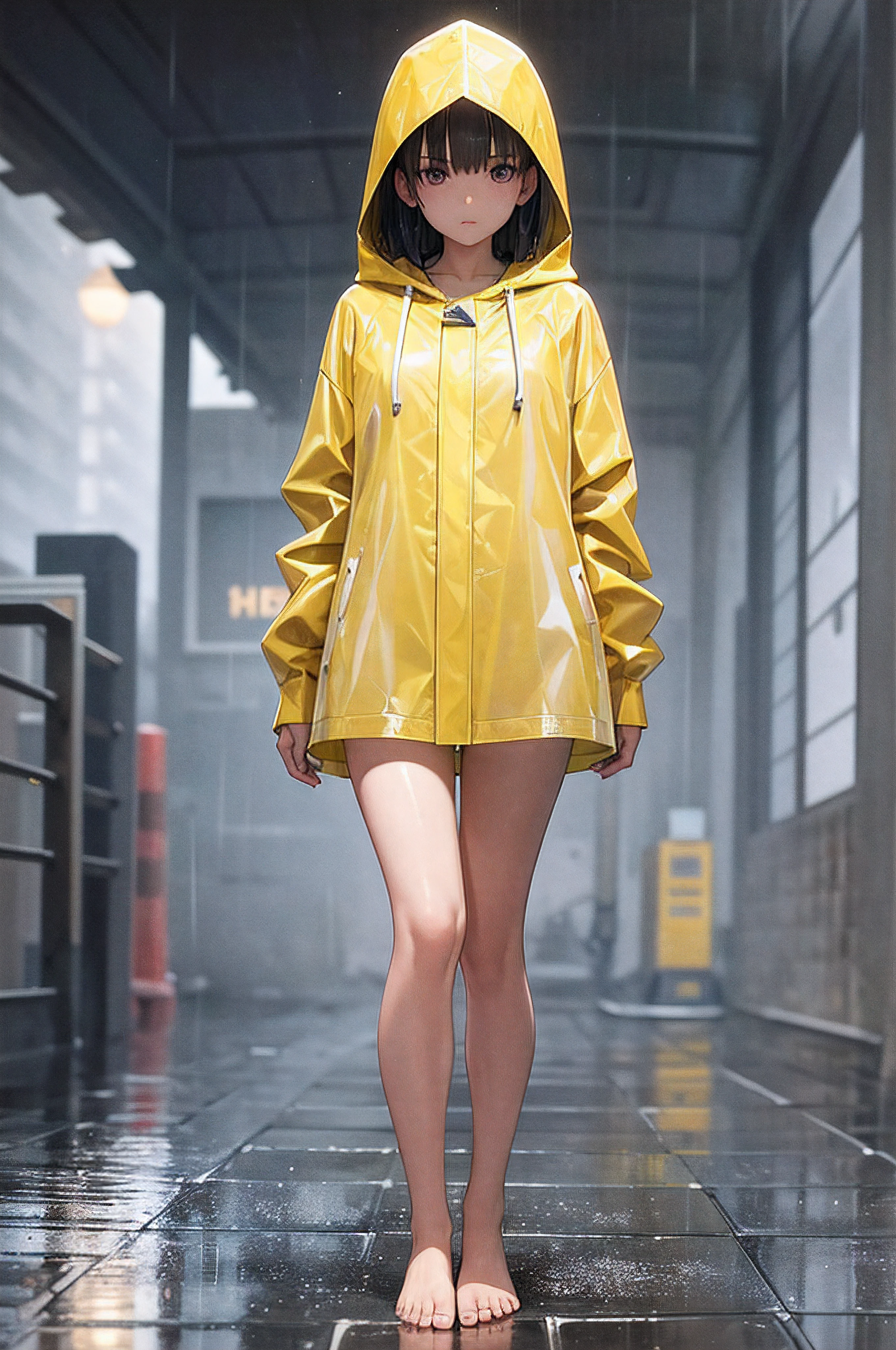 A -year-olrl，Wea yellow hooded raincoat，stand posture，full body pov，Bare legged，Barefoot，Standing in heavy rain，Accentuate the texture of raincoats and gelcoats，Accentuates the translucent texture of the raincoat