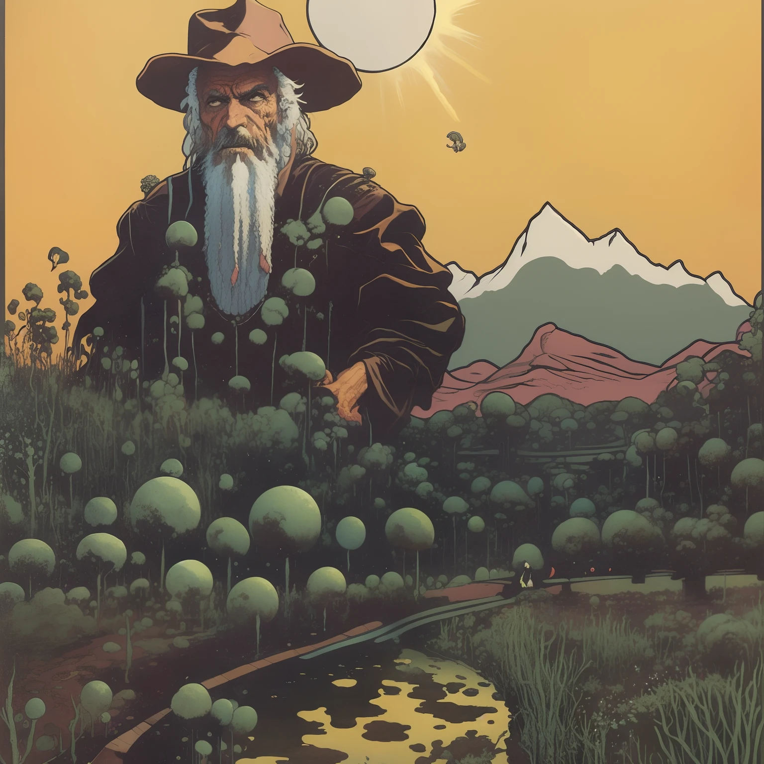 A closeup of a painting of a man with a hat and beard, Estilo de Jean Giraud Moebius, inspirado em Jean Giraud, Sou um Jean Giraud, Retrato de Jean Giraud, Inspirado em Jean Moebius Giraud, Directed by: Jean Moebius Giraud, Moebius e Kilian eng, Moebius e Mohrbacher, Estilo Jean Giraud