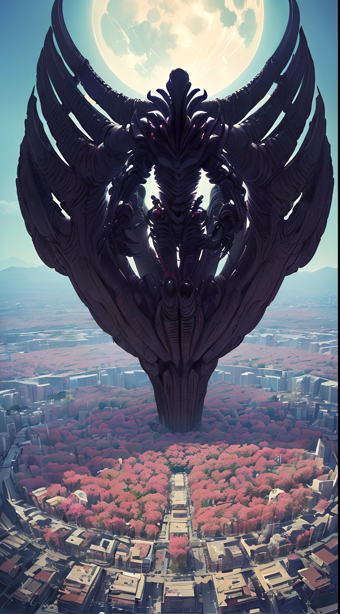 (headless,afrofuturism,cyberdelic,Xenomorph,forebrain horn,J Horror anime style,cowboy shot,above knee shot,Aragami Monster,Biomechanical,giant body,flowers bloomcore tentacle,Aerial view,Concept art,sky:1.35),all-seeing-eyes,full body pupils,Cinematic surrealism,full moon,