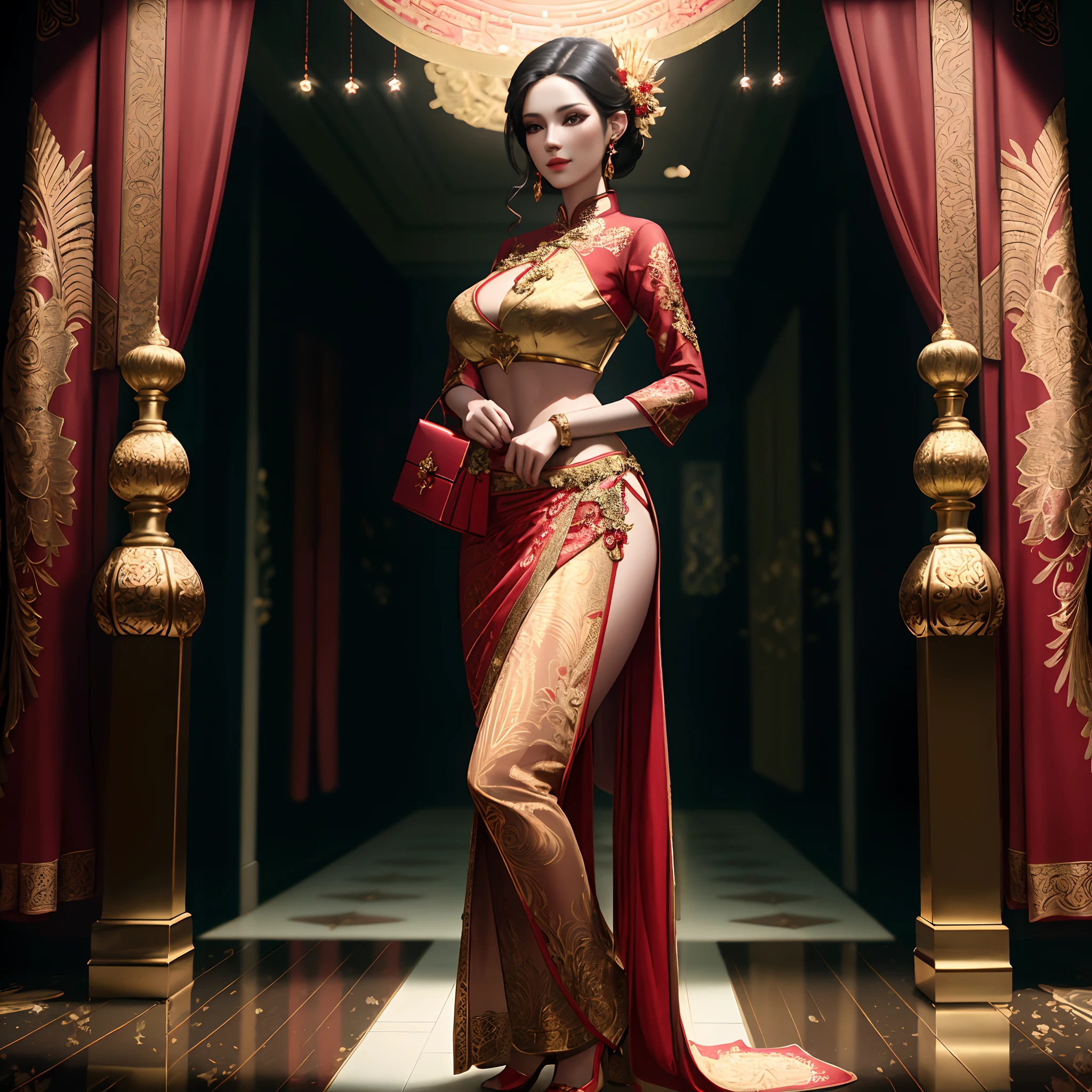 araffe woman in a red and gold outfit standing in a hall, 3 d render character art 8 k, elegant cinematic pose, full body cgsociety, tithi luadthong, deviantart artstation cgscosiety, wearing ornate silk clothes, stunning cgsociety, beautiful digital artwork, trending in cgsociety, cheongsam, 8k stunning artwork