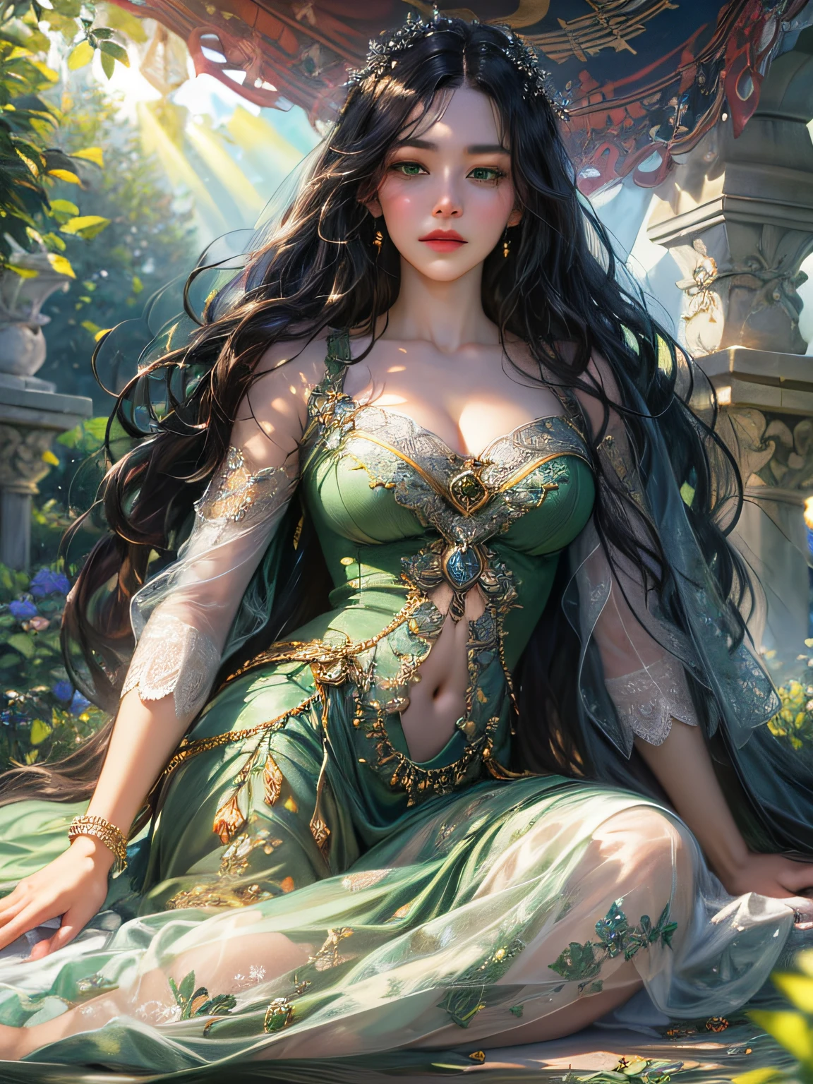 (absurdres, highres, ultra detailed, HDR), masterpiece, best quality, a ((mature)) heroine, detailed face, beautiful face with decorative detailed (long black straight hair) (green eyes), green details , laying on a white picnic mat with curtains in celestial palace garden, detailed character, detailed celestial place of goddess, laplace, fantasy, sunlight, detailed light, detailed shadow, detailed backdrop