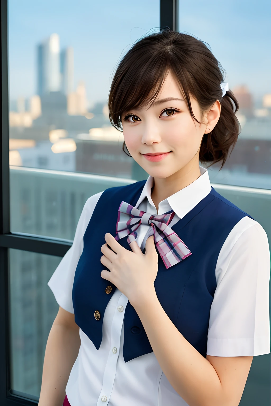 1girl, matured female, vest, bow, photo, realistic, best quality, hires, detailed face, office, buildings from window, detailed background, diffused sunlight, depth of field, bokeh