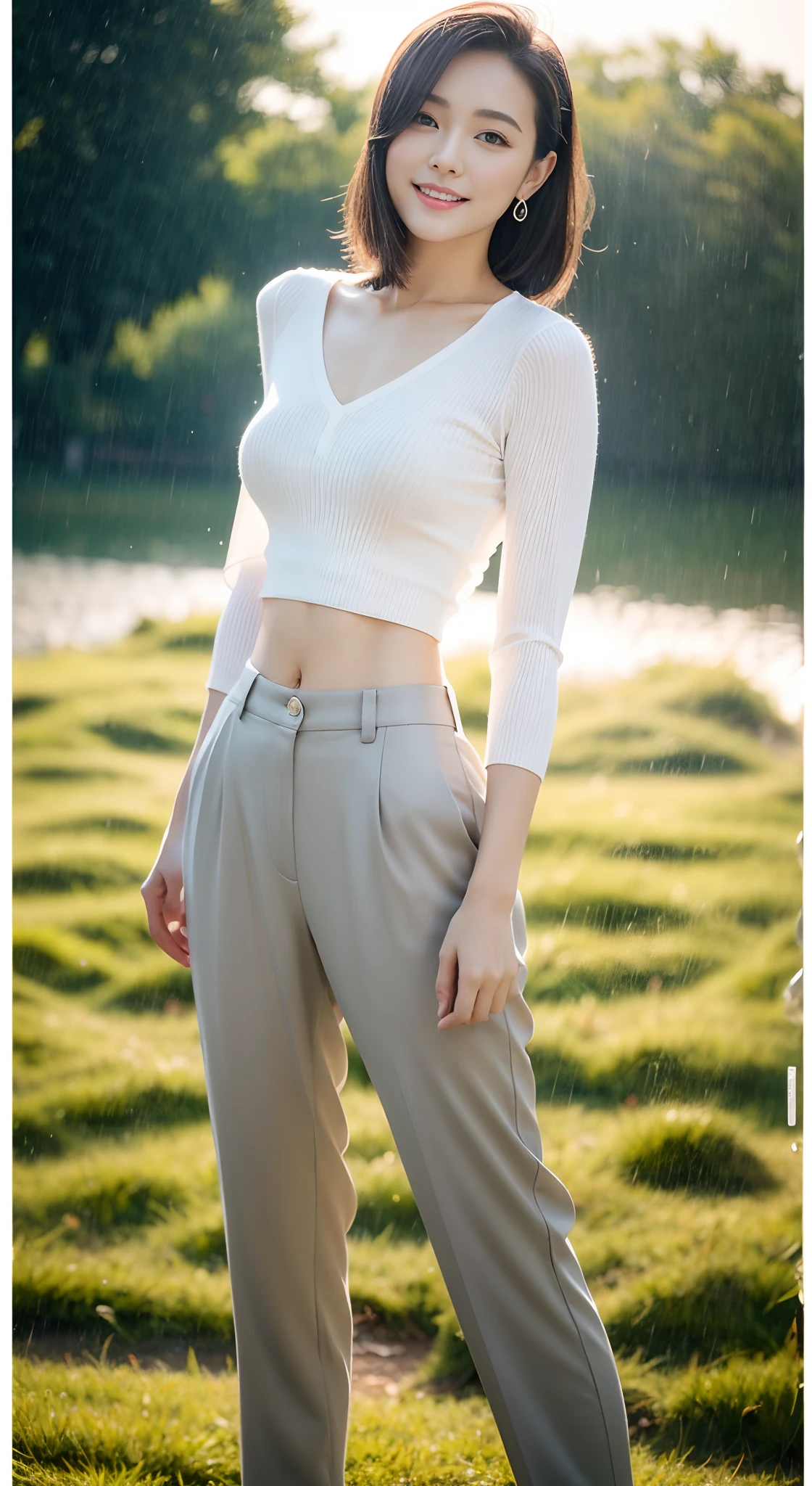 (rain, grassy fields: 1.3), 1 beautiful woman taking pictures on the grass，RAW photos，tmasterpiece，（highdetailskin：1.2），8k ultra high definition，digital SLR camera，gentlesoftlighting，high high quality，filmgrain，富士XT3，20 years old Asian woman，Gray tight blouse（Slim，Fit snugly to the body）and crop top white slacks（（（baggy white pants，casual pants，cargo pants，White see-through:1.5））），Detailed clothing details:1.5，perfect body figure，Large，Perfect breasts and nipple bulge，Camel toes，The legs are straight and slender，（（Branded fashion travel shoes:1.5）），Super detailed facial details and skin，Whiten face and whiten skin，二重まぶた，Super detailed eyes，A sweet smile，(Gloss on lips, eyeslashes, Glossy face, Best quality, Super high resolution, warm color，Wide lighting, naturalshadow), Sit on the grass and play，Pose coquettishly，Show off your sexy figure， Full body shooting: 1.8