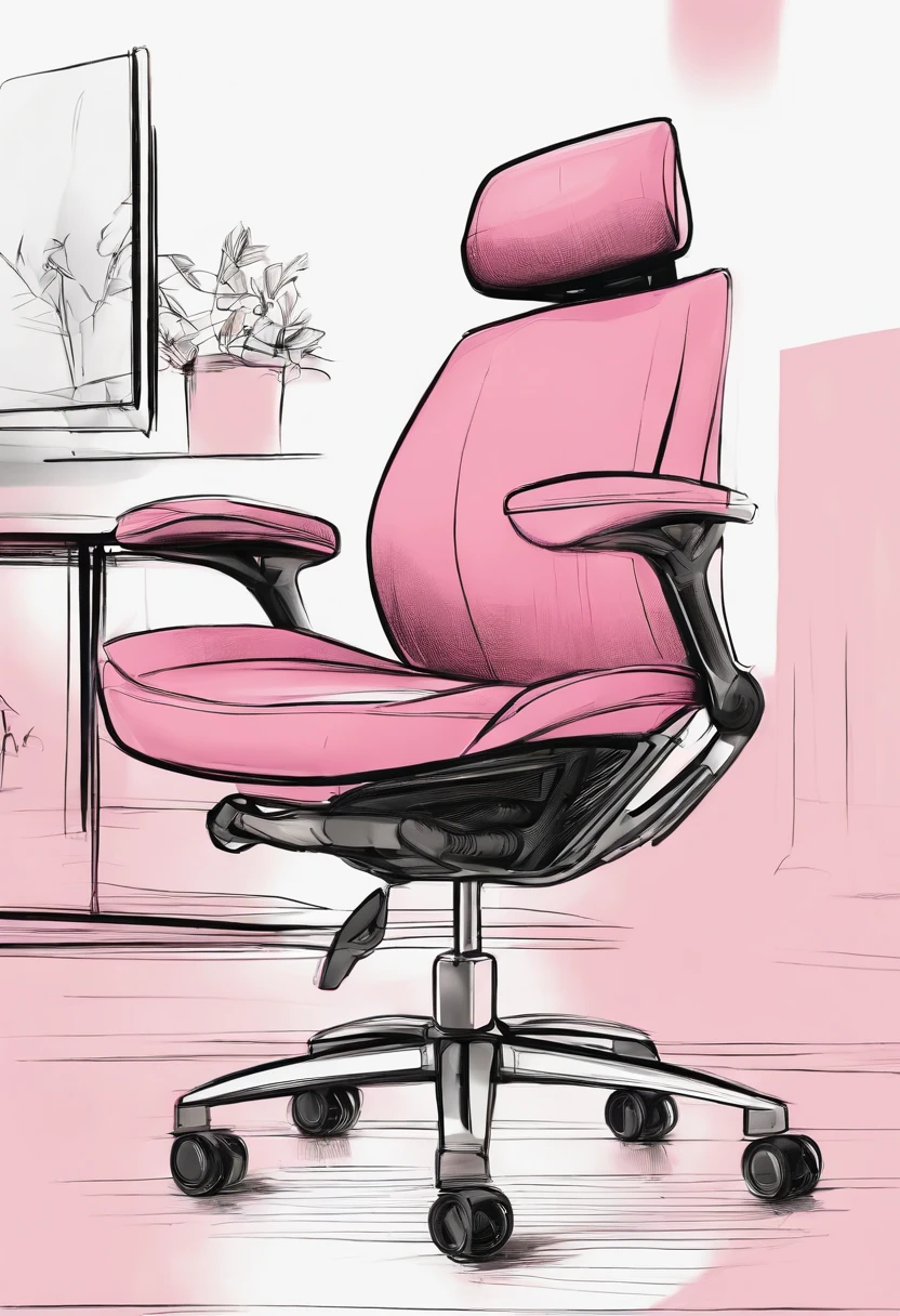 Drawing of pink office chair with black base, furniture design, a chair, prop design, sketch illustratio, professional sketch, chair, industrial design concept, high quality sketch, Commercial illustration, futuristic product design, office furniture, Product design, product design concept, concept art h 8 0 0, design concept art, Classic product design, Ergonomic
