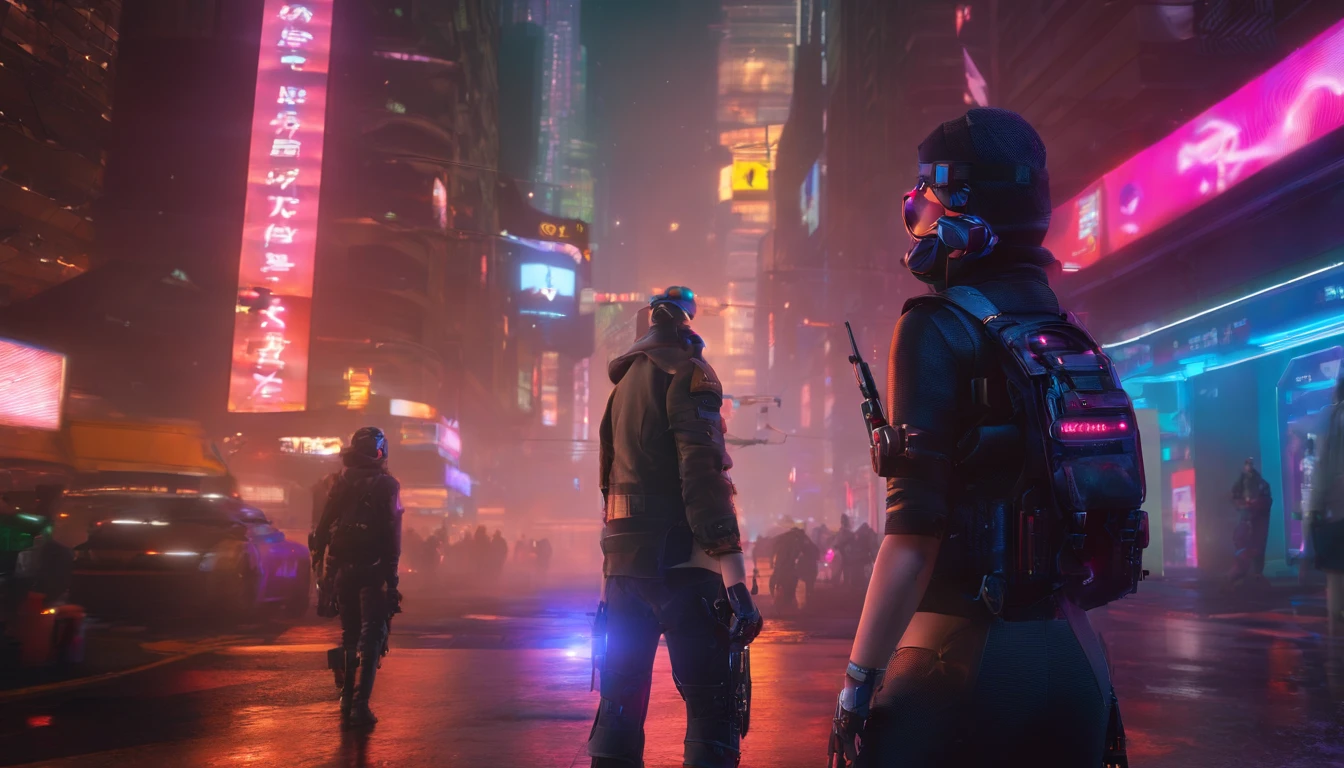 ((High quality)), ((masutepiece)), 8K, 2girls, bulletproof vest, llight rays, Highly detailed CG unity 8k wallpaper, Game CG, view the viewer, mitts, Long boots, full bodyesbian, Watch, A computer, Mask, UAVs, holding weapon, Earphone, Jacket, (Background destroys the city , blasts , Smoke