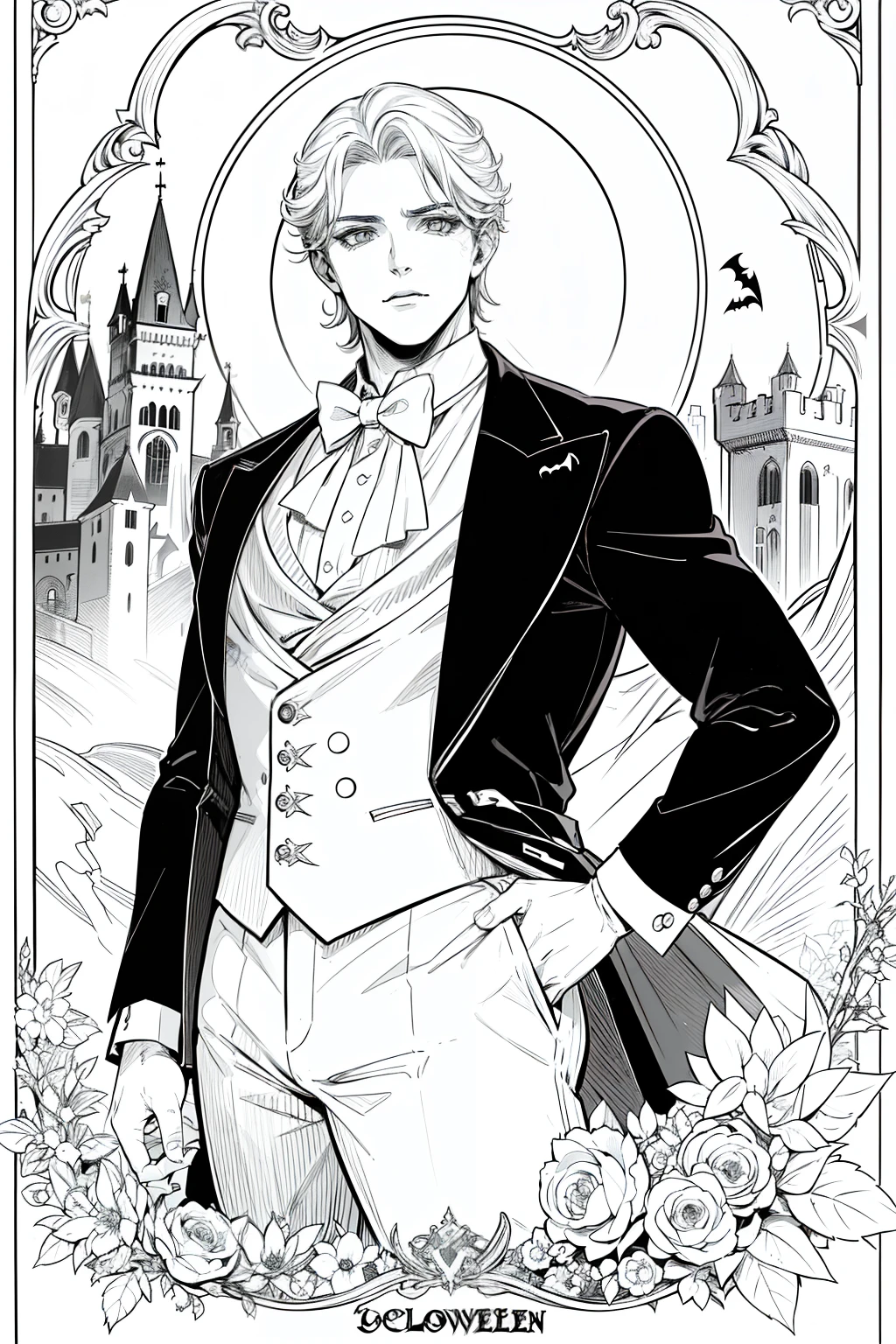 Obra maestra, superlativo, young vampire male very masculine, solamente, Halloween , castle fondo blanco, monocromo, line drawing, ((bosquejo)), spooky, spooky Halloween , white eyes,