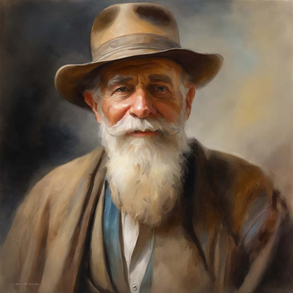 Oil Painting of an old handsome handsome old man with beard and mustache; oil painting, on canvas, on glass or oil; rendered, beautiful, 8k, object oriented ontology, elite, luxury, super wide shot, landscape, a variety of element; sci-fi aquatic; subsurface scattering shiny translucent, wide shot, futuristic, light shafts and particle systems; subsurface scattering shiny