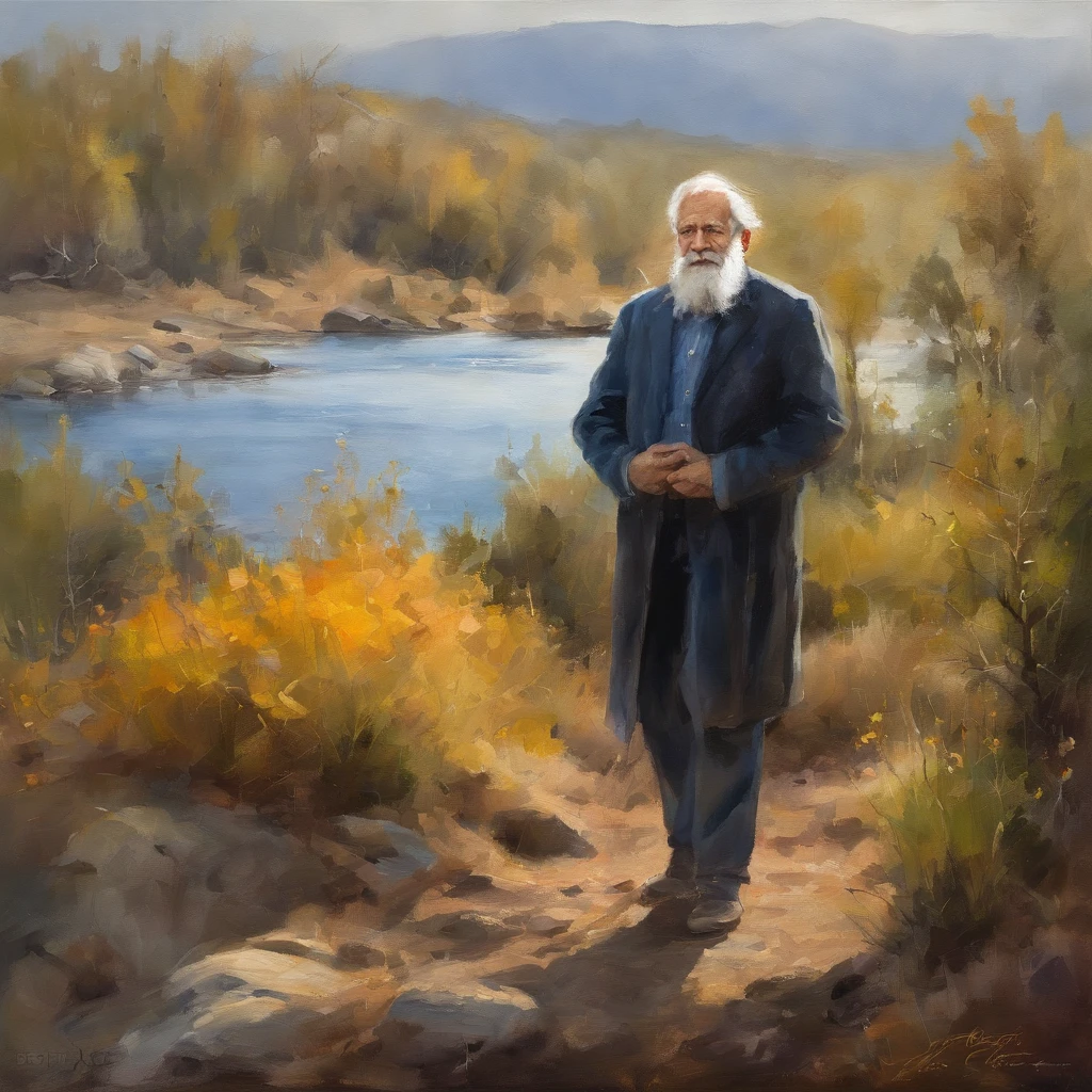 Oil Painting of an old handsome handsome old man with beard and mustache; oil painting, on canvas, on glass or oil; rendered, beautiful, 8k, object oriented ontology, elite, luxury, super wide shot, landscape, a variety of element; sci-fi aquatic; subsurface scattering shiny translucent, wide shot, futuristic, light shafts and particle systems; subsurface scattering shiny