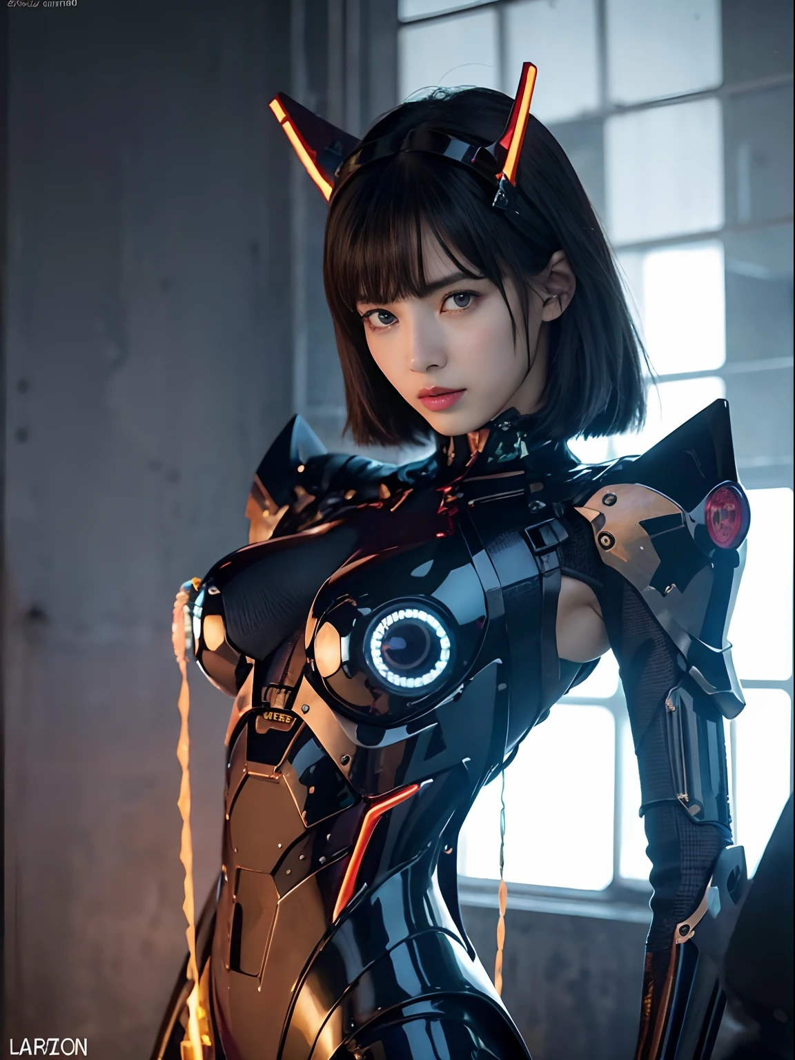 （Fight against mechanical robot soldiers）、top-quality、​masterpiece、超A high resolution、(Prostitute Sexy Pose),（Wearing a futuristic sun visor）、(Photorealsitic:1.4)、Raw photo、女の子1人、Black hair、glowy skin、((1 Mechanical Girl))、((super realistic details))、portlate、（Small LED lamp）、Wire tubes that glow all over the body、globalillumination、Shadow、octan render、8K、Armpit、ultrasharp、Colossal tits、Small LED lamp、Raw skin is exposed in cleavage、metals、blood vessels connected to tubes、Red bodysuit、Armpit、Cyberpunk city background、Details of complex ornaments、Japan details、highly intricate detail、Realistic light、CGSoation Trends、Blue eyes、radiant eyes、Facing the camera、neon details、（Helmet of the Brave）、Mechanical limbs、blood vessels connected to tubes、Mechanical vertebrae attached to the back、mechanical cervical attaching to neck、Wires and cables connecting to the head、Gundam、Small LED lamp、Toostock、Toostock、