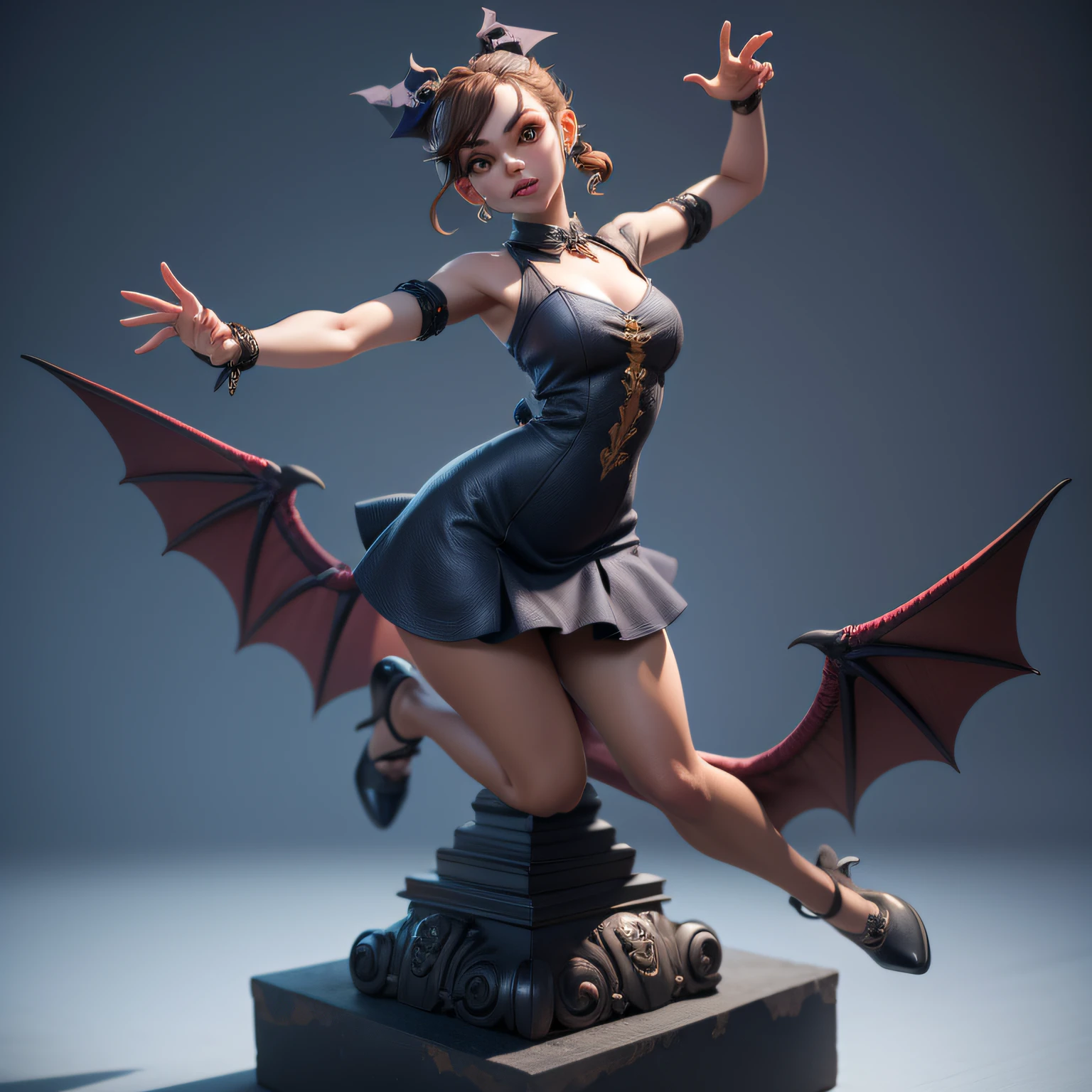 Mini gargoyle, menina solo, ray tracing, Estilo 3D, 3DMM, vestido de seda curto e justo, 3 poses por foto, corpo inteiro, asas nas costas, asas de morcego, asas grandes