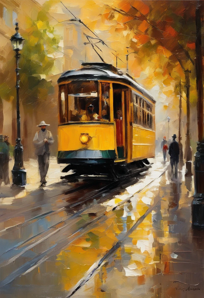masterpiece、top-quality、morning、stroll。pup、exquisite and detailed drawings, yellow tram in Lisbon city, sunny, rich, classy, opulent, Lisbon street, with light glowing、Happiness、Fresh morning sunshine、stroll、landscapes