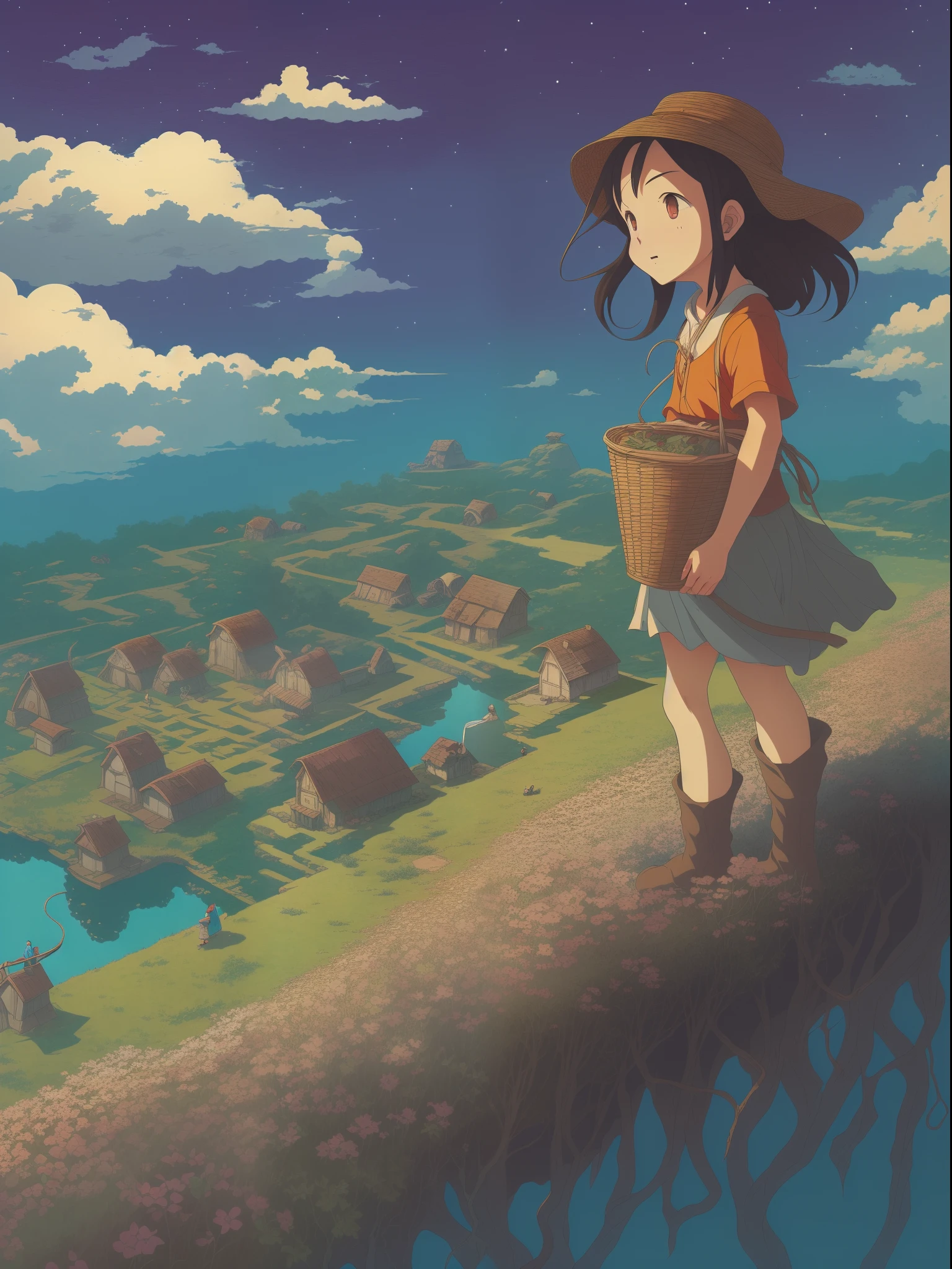she's just a simple girl working on a farm. she lives in hard times., it's the dark ages. , crazy world, floating islands, cloud castle, (best quality:1.3), (highres:1), (detailed:1.3), (incredible:1.3), (perfect:1.3), (perfection:1.3), (volume cover art:0), (illustration:1.3), art by studio ghibli