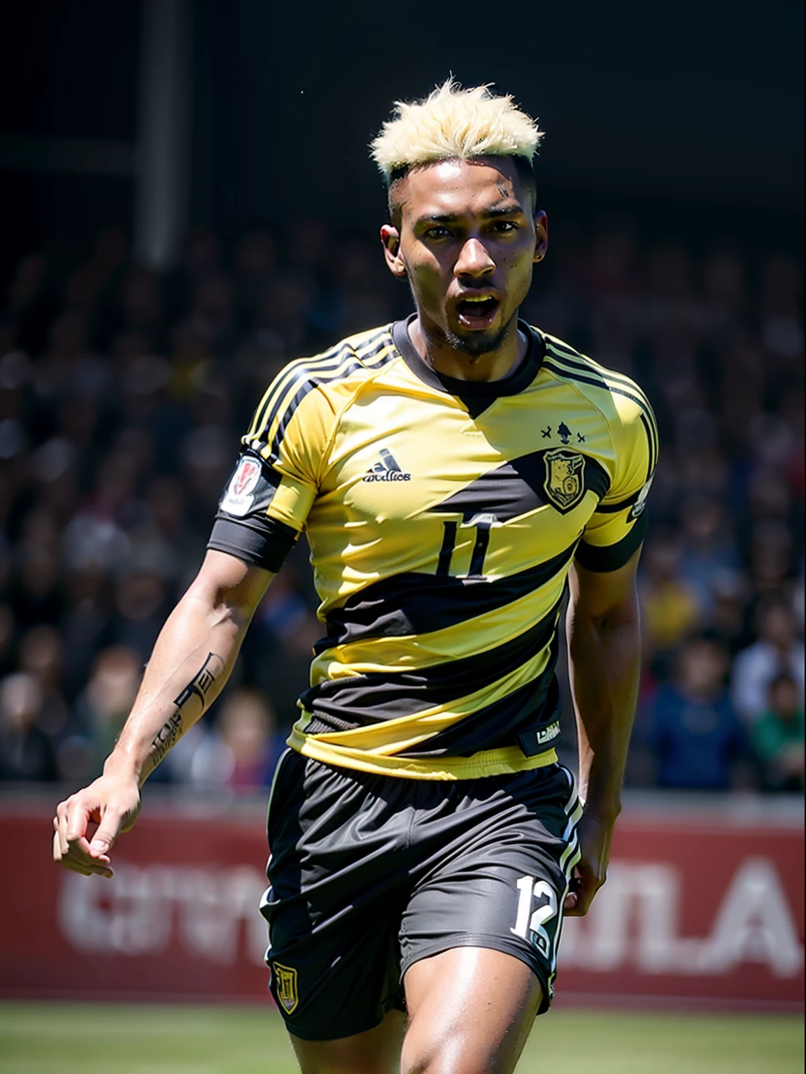Homem Soccer Player negro, With platinum hair, short hair, 21 year old man, tattoos, yellow shirt with red stripes, On the field celebrating a goal
