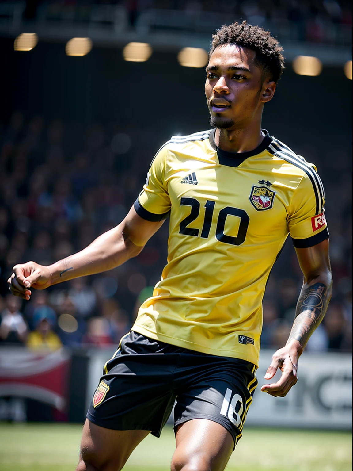 Homem Soccer Player negro, With platinum hair, short hair, 21 year old man, tattoos, yellow shirt with red stripes, On the field celebrating a goal