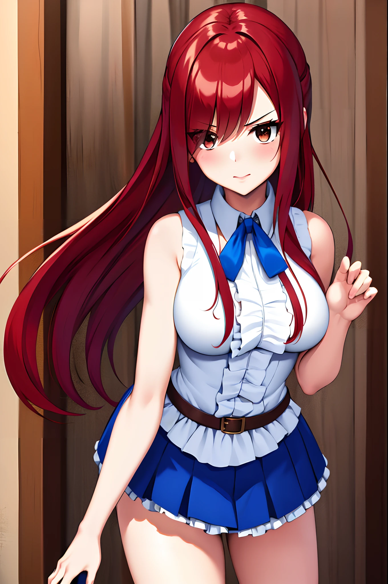 masterpiece, best quality, highres, fairy tail, 1girl, long hair, red hair, brown eyes, neck ribbon, bare shoulders, white shirt, sleeveless, center frills, blue skirt, hair over one eye, town, leaning forward, hand on own knee, standing