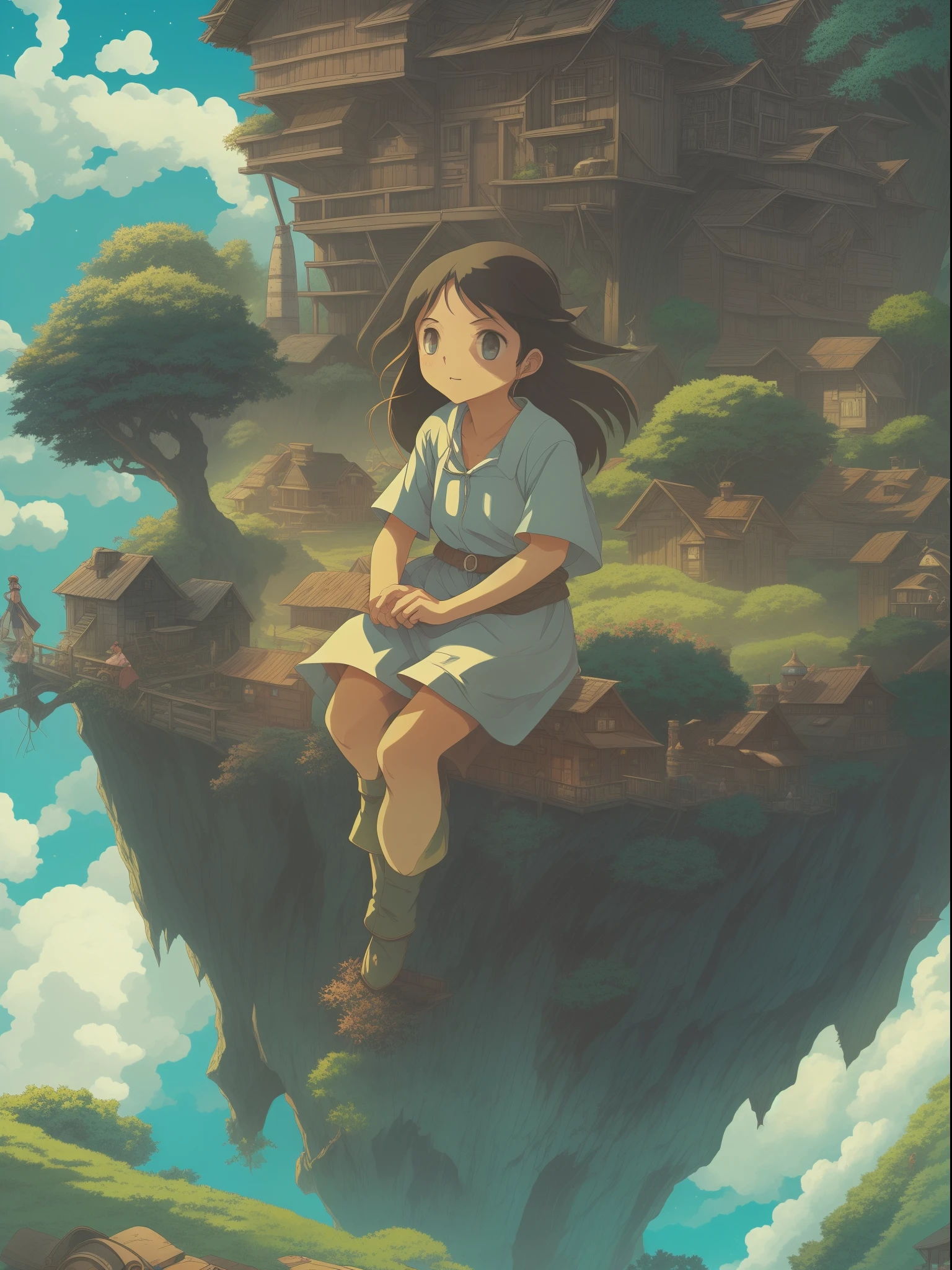 she's just a simple girl working on a farm. she lives in hard times., it's the dark ages. , crazy world, floating islands, cloud castle, (best quality:1.3), (highres:1), (detailed:1.3), (incredible:1.3), (perfect:1.3), (perfection:1.3), (volume cover art:0), (illustration:1.3), art by studio ghibli