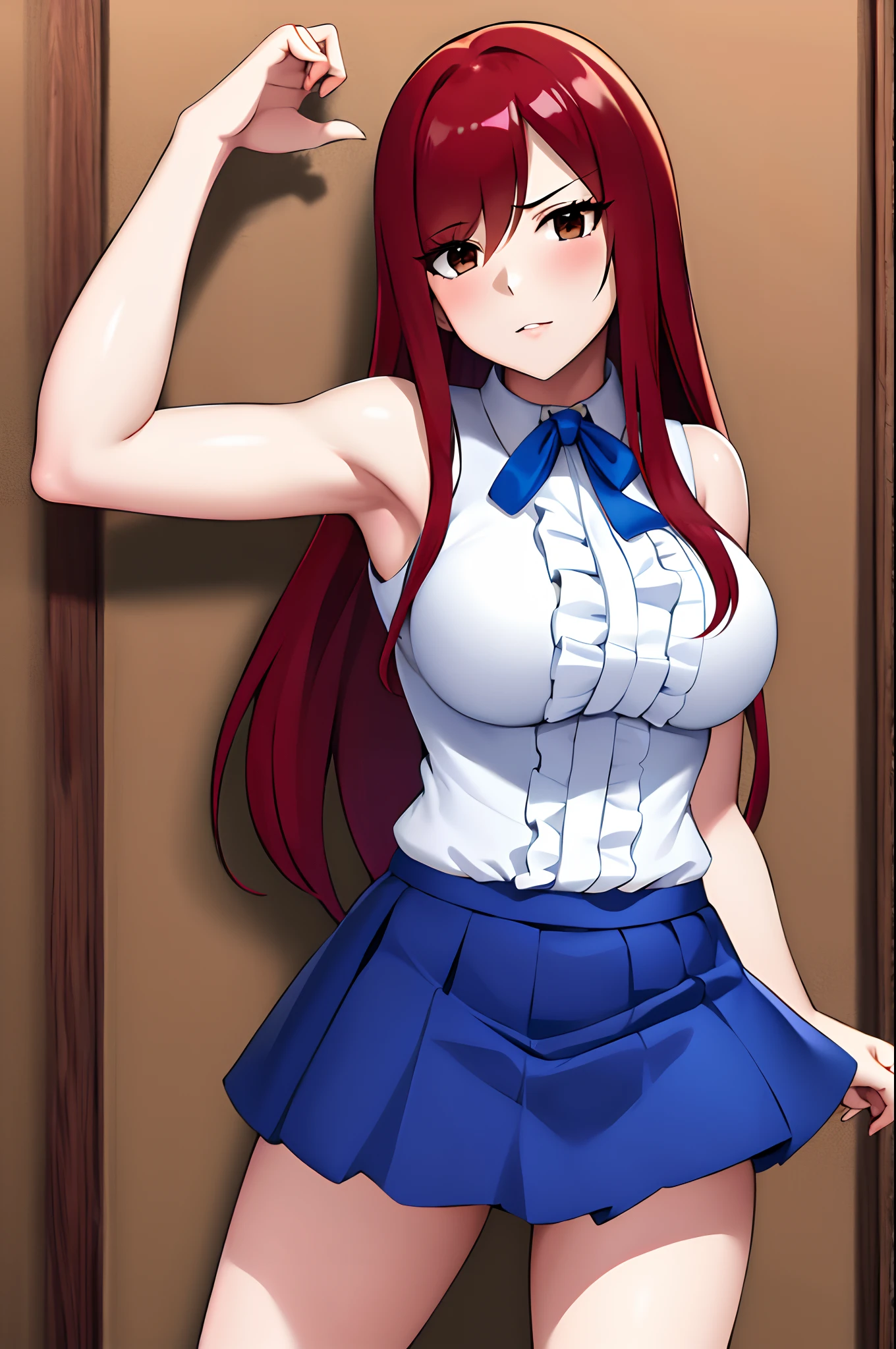 masterpiece, best quality, highres, fairy tail, 1girl, long hair, red hair, brown eyes, neck ribbon, bare shoulders, white shirt, sleeveless, center frills, blue skirt, hair over one eye, town, leaning forward, hand on own knee, standing