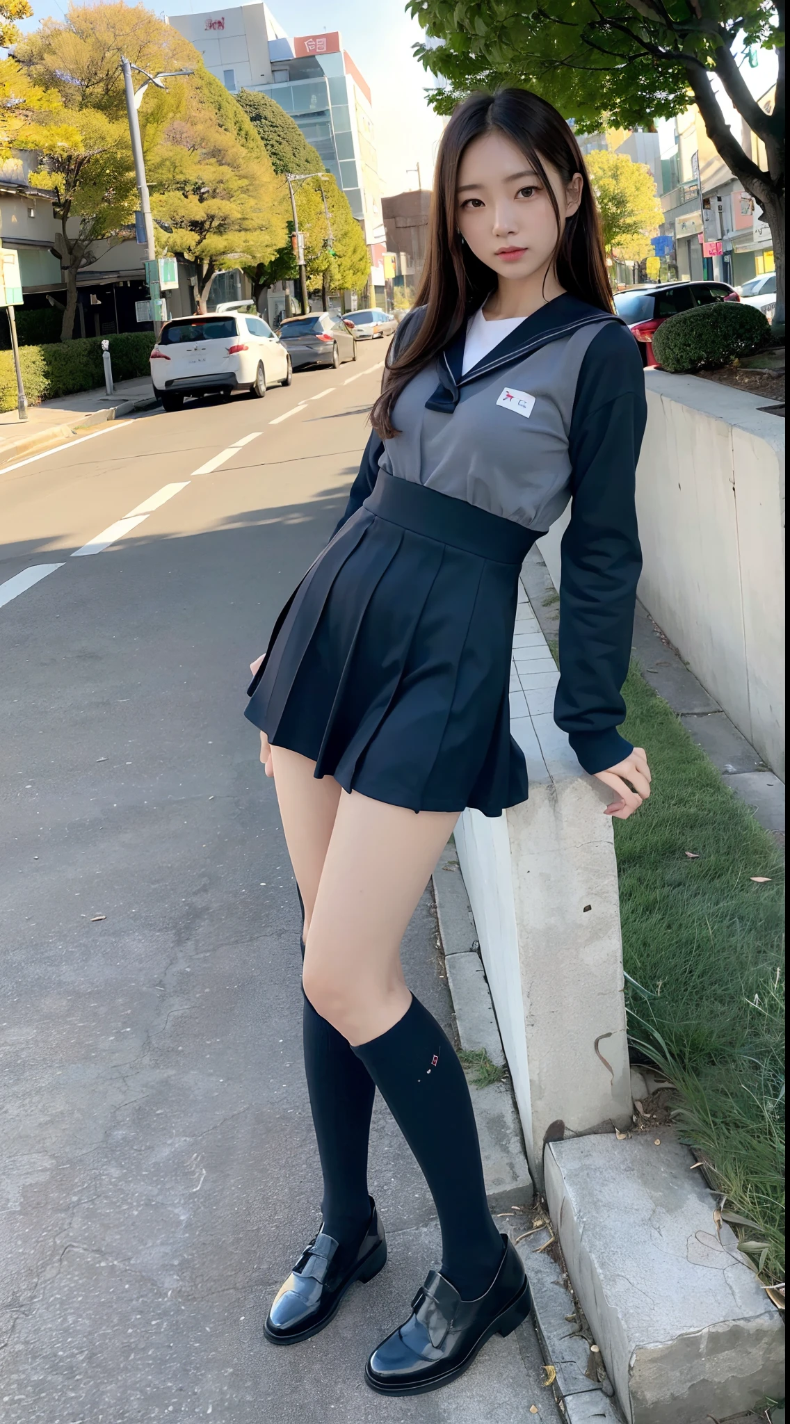 mix4, (16 K, Raw photography, Top image quality, ​masterpiece: 1.45), (realisitic, Photorealsitic: 1.37), one girls, 7．5, etc、Standing figure，Hairstyle is ponytail、Noon time slot、cute little, A city scape,, profetional lighting, photon maping, Cityscape with street trees, physically-based renderingt, Gradient dark brown hair,, a handsome, Well-groomed and beautiful eyes、Large double eyelids、Very shiny、girl with, (((student clothes、Long sleeve sailor suit worn by Japan schoolgirl、red cuffs、Dark blue mini skirt, Small gray beret、Dark blue knee-high socks、Black loafers))), Top Quality Photos, hight resolution, 1080p, (clearface), (Detailed face description), (Detailed hand description), (​masterpiece), (Exquisite CG)、extreme light and shadows、dishevled hair、master work、abundant detail、(Fine facial features)、(top quality photo)、(masuter piece)、(A detailed eye)、Look in front of you、Fine clavicle、((Slender big))、(((Japan schoolgirl in long-sleeved sailor suit)))、((Ready Idol System))、((Boulevard with street trees、Roads at the scramble intersection))、(Shooting from random perspectives)、(((Anyway cute)))、耳Nipple Ring、A big smile、Drawing the whole body from the knees、Do not draw nasolabial folds、(((Long-sleeved sailor suit)))、(Big breasts that hang down big:1.1)、Big buttocks with tension、Two arms and two legs、(((from the front side:0.5)))、bare hand、No mask、