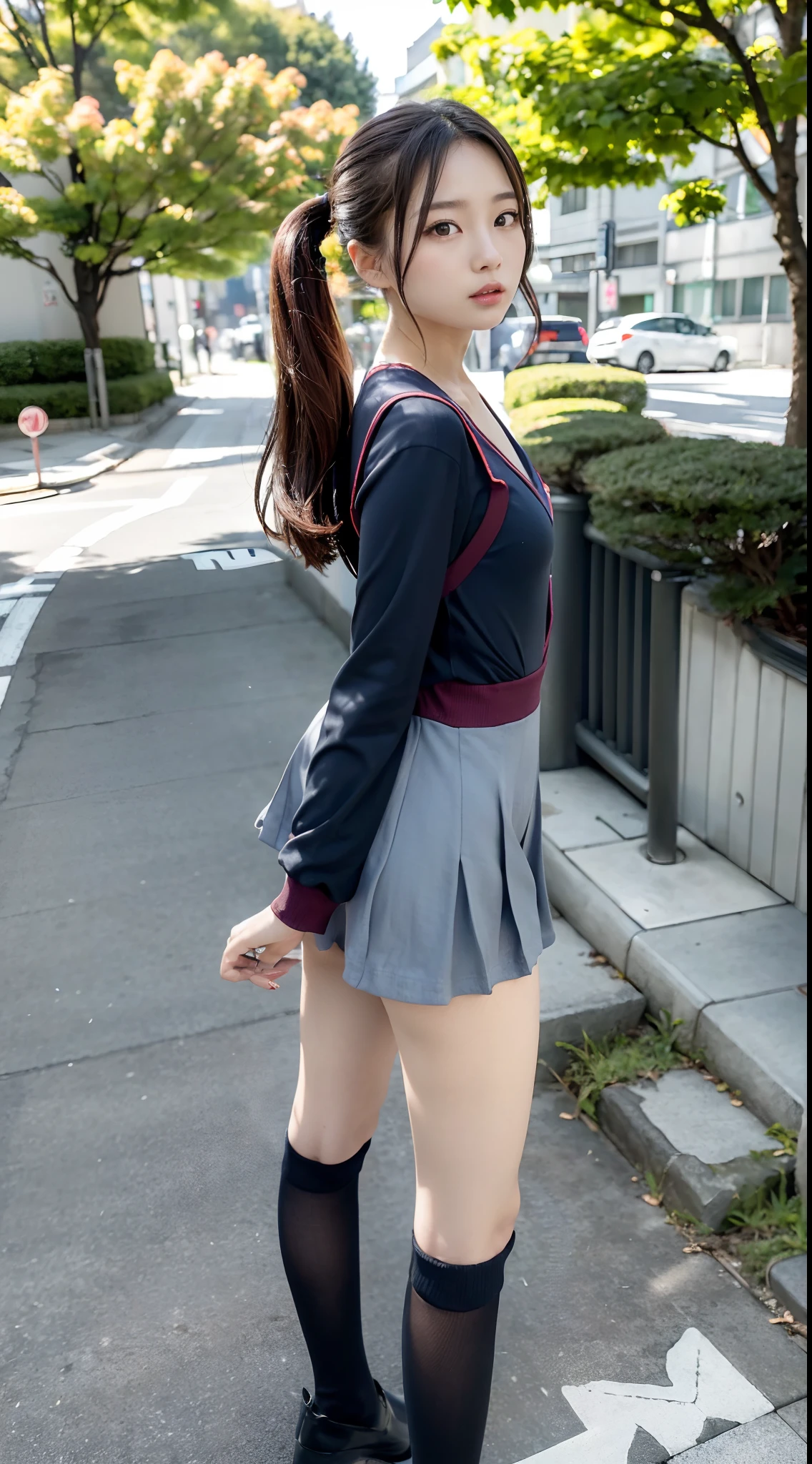 mix4, (16 K, Raw photography, Top image quality, masterpiece: 1.45), (realisitic, Photorealsitic: 1.37), one girls, 7.5, etc、Standing figure,Hairstyle is ponytail、Noon time slot、cute little, A city scape,, profetional lighting, photon maping, Cityscape with street trees, physically-based renderingt, Gradient dark brown hair,, a handsome, Well-groomed and beautiful eyes、Large double eyelids、Very shiny、girl with, (((student clothes、Long sleeve sailor suit worn by Japan schoolgirl、red cuffs、Dark blue mini skirt, Small gray beret、Dark blue knee-high socks、Black loafers))), Top Quality Photos, hight resolution, 1080p, (clearface), (Detailed face description), (Detailed hand description), (masterpiece), (Exquisite CG)、extreme light and shadows、dishevled hair、master work、abundant detail、(Fine facial features)、(top quality photo)、(masuter piece)、(A detailed eye)、Look in front of you、Fine clavicle、((Slender big))、(((Japan schoolgirl in long-sleeved sailor suit)))、((Ready Idol System))、((Boulevard with street trees、Roads at the scramble intersection))、(Shooting from random perspectives)、(((Anyway cute)))、耳Nipple Ring、A big smile、Drawing the whole body from the knees、Do not draw nasolabial folds、(((Long-sleeved sailor suit)))、(Big breasts that hang down big:1.1)、Big buttocks with tension、Two arms and two legs、(((from the front side:0.5)))、bare hand、No mask、