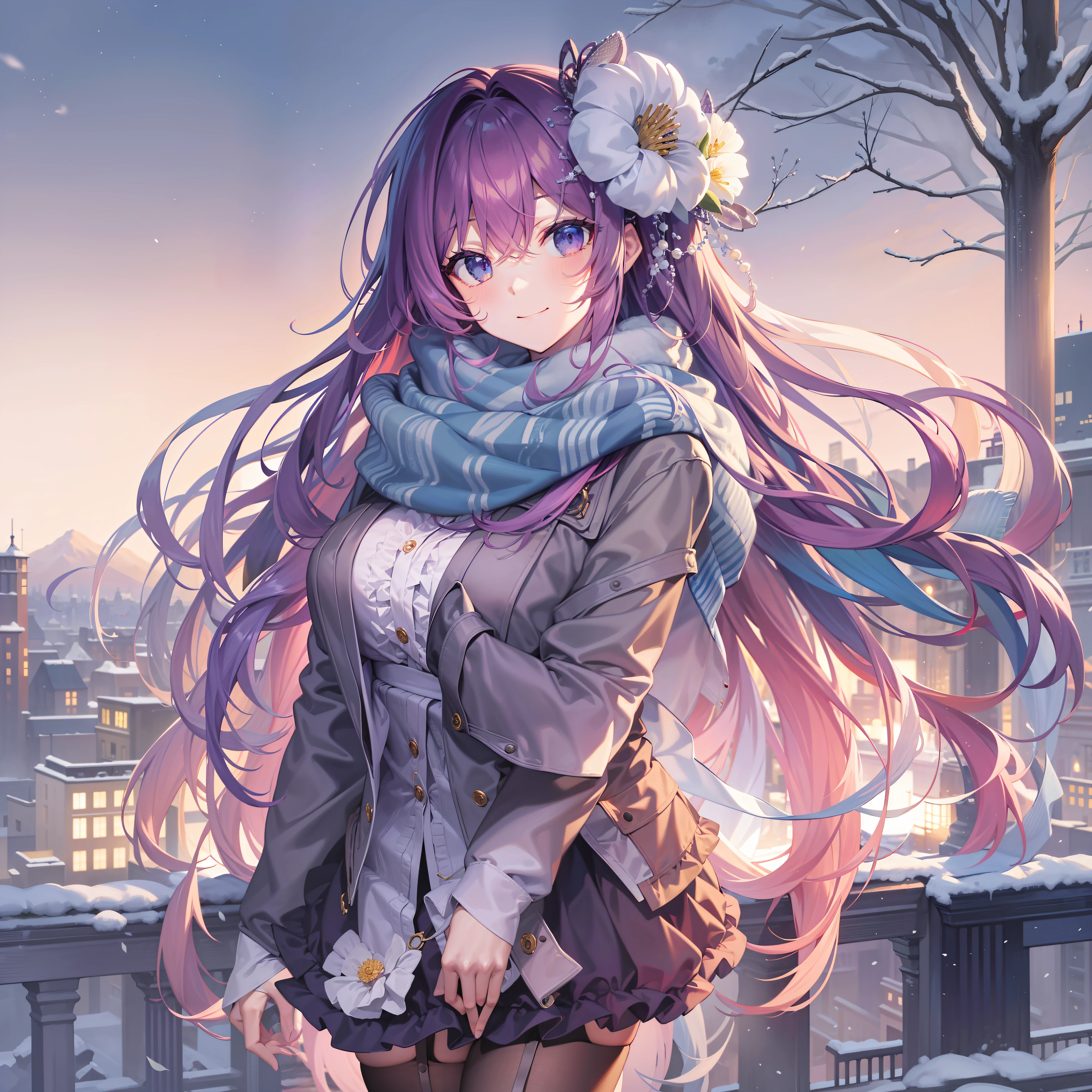 masterpiece, best quality, in winter,against backlight at dusk, cityscape, absurdly long hair, gradient hair, multicolored hair, colored inner hair, alternate hair color, gradient_eyes, looking at viewer, seductive smile, huge breasts, bare_shoulders, miniskirt, garter straps, frilled thighhighs, hair_ribbon, hair_flower, scarf,