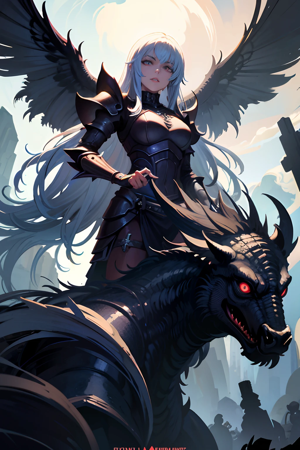 Lady Knight，eyes glowing，Ride on a giant monster, Ride monsters, Detailed pictures of the girl's facial features，Epic fantasy digital art style, epic fantasy sci fi illustration, Epic fantasy art style, Epic fantasy art style HD, epic full color illustration, inspired by Aleksi Briclot, riding a cyborg raptor, epic fantasy card game art, Epic fantasy style art, epic fantasy illustration, epic rpg artwork