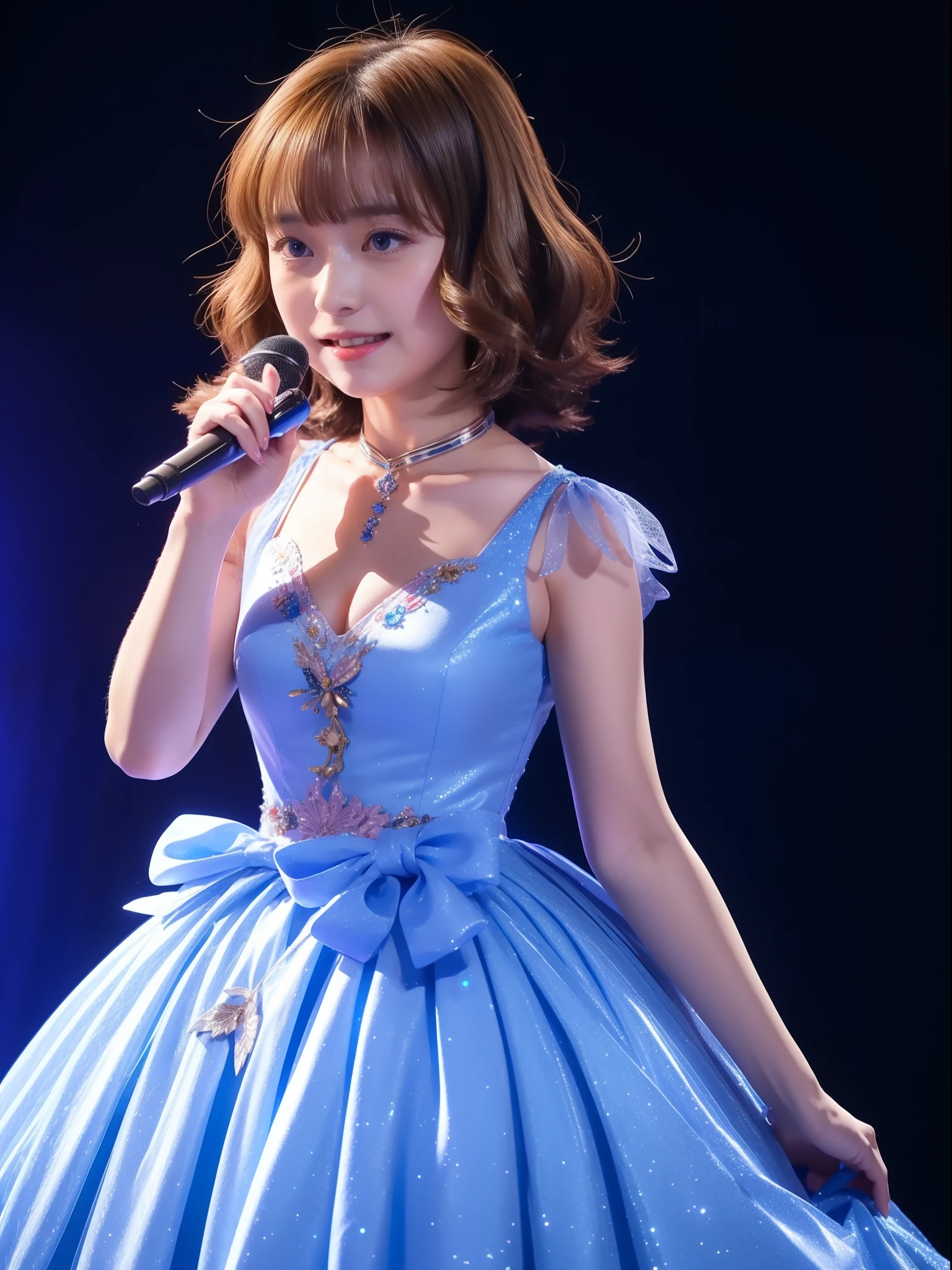 momoko suou (million live), 1 girl, Lori, Petite, Best Quality, Ultra-detailed, 8K, masutepiece, High resolution, idol costume, Princess Line Dresses, Beautiful dress, Light blue dress, A big ribbon on her chest, brooches, concert, strong lights,
