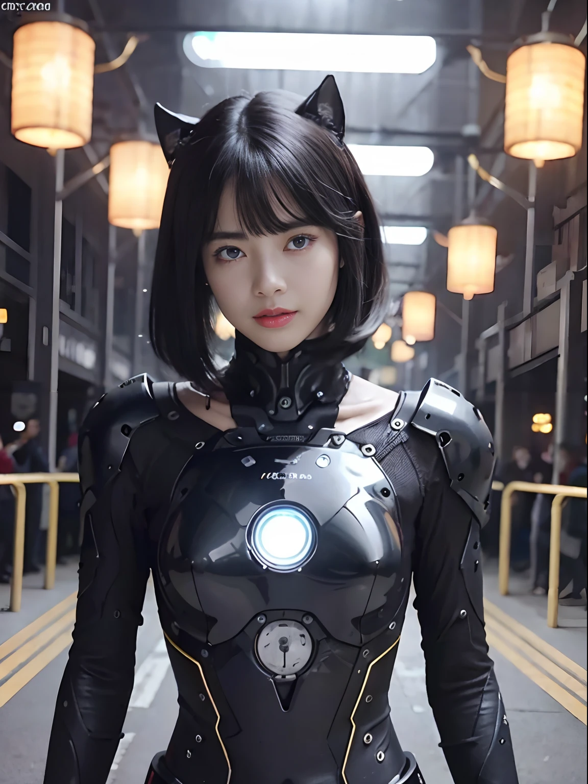 （Fight against mechanical robot soldiers）、top-quality、​masterpiece、超A high resolution、(Prostitute Sexy Pose),（Wearing a futuristic sun visor）、(Photorealsitic:1.4)、Raw photo、女の子1人、Black hair、glowy skin、((1 Mechanical Girl))、((super realistic details))、portlate、（Small LED lamp）、Wire tubes that glow all over the body、globalillumination、Shadow、octan render、8K、Armpit、ultrasharp、Colossal tits、Small LED lamp、Raw skin is exposed in cleavage、metals、blood vessels connected to tubes、Red bodysuit、Armpit、Cyberpunk city background、Details of complex ornaments、Japan details、highly intricate detail、Realistic light、CGSoation Trends、Blue eyes、radiant eyes、Facing the camera、neon details、（Helmet of the Brave）、Mechanical limbs、blood vessels connected to tubes、Mechanical vertebrae attached to the back、mechanical cervical attaching to neck、Wires and cables connecting to the head、Gundam、Small LED lamp、Toostock、Toostock、