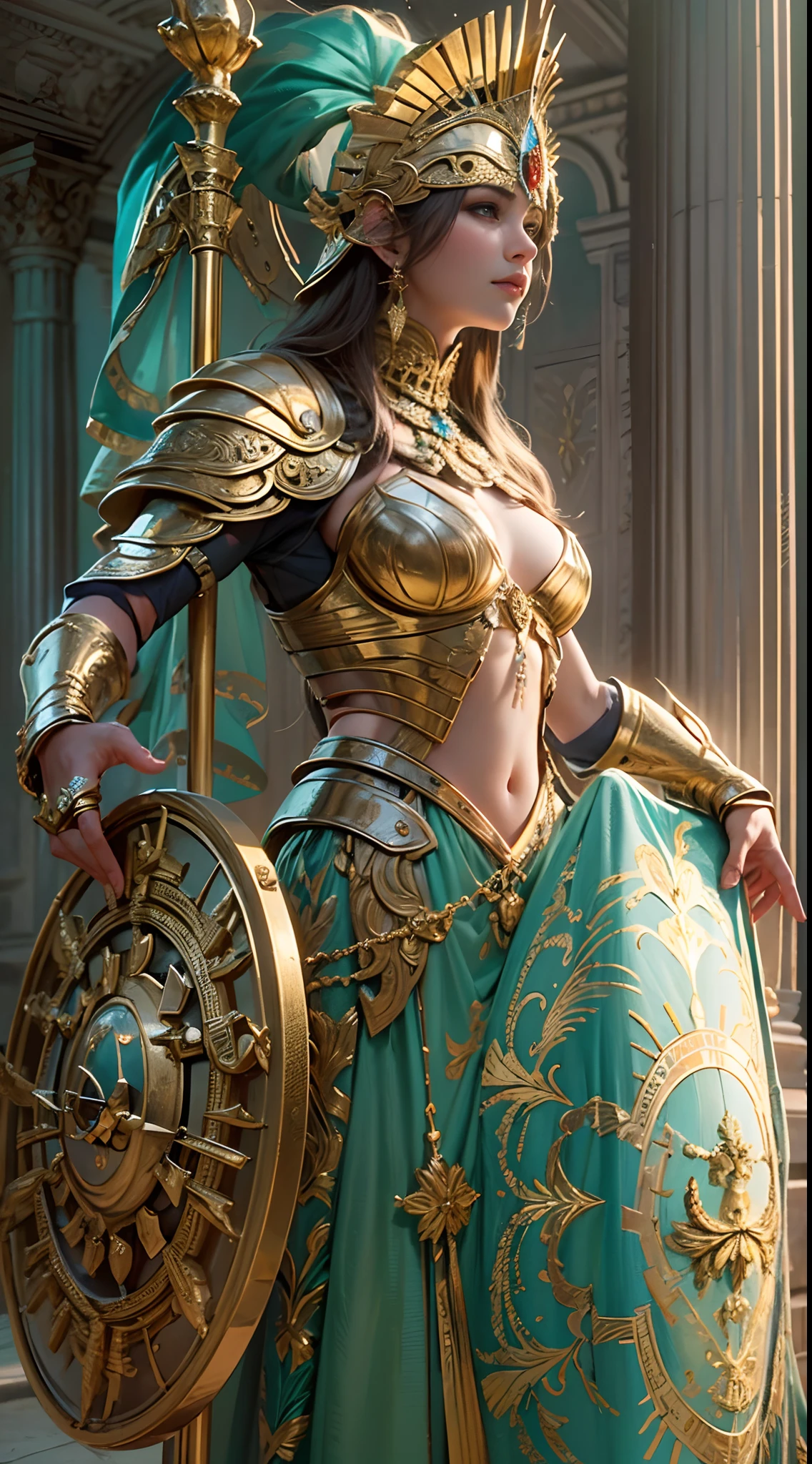 Goddess Athena in golden sacred armor, Hold a shield in your left hand，Hold a scepter in your right hand, Stand inside the Goddess's Palace.,(Best quality,4K,8K,A high resolution,Masterpiece:1.2),Ultra-detailed,(Realistic,Photorealistic,photo-realistic:1.37),hdr,hyper HD,Studio lighting,Sharp focus,Physically-based rendering,Extreme detail description,professional,Vivid colors,Bokeh,sportrait,Light blue and gold color palette,Charming and ethereal lighting