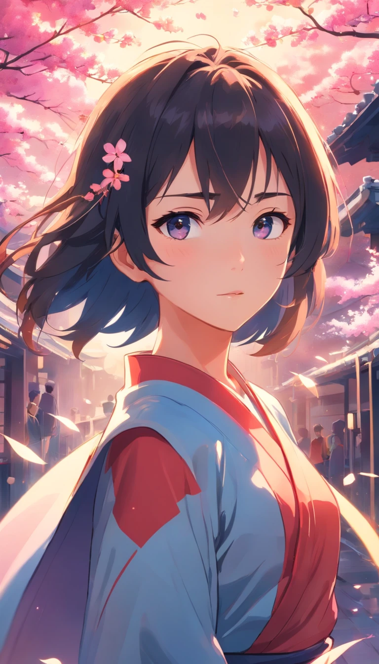 Danfeng Eyes,bushido,The upper part of the body,Black coiled hair,Simple hairpins,Cold eyes,solo person,orthofacial,frontage,Peach blossom background,Highly saturated colors,Hyper Real,8K high-definition,holding a longsword,Absolutely beautiful,high light,plethora of colors
