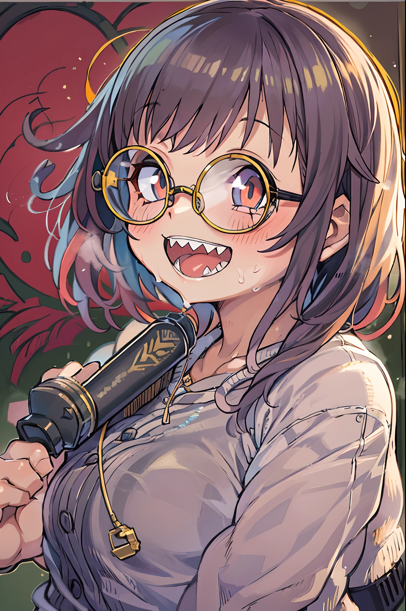 masutepiece, Best Quality, 1girl in, Sharp eyes, Smile,rocket launcher、big round glasses,Camisole、(Jagged teeth)